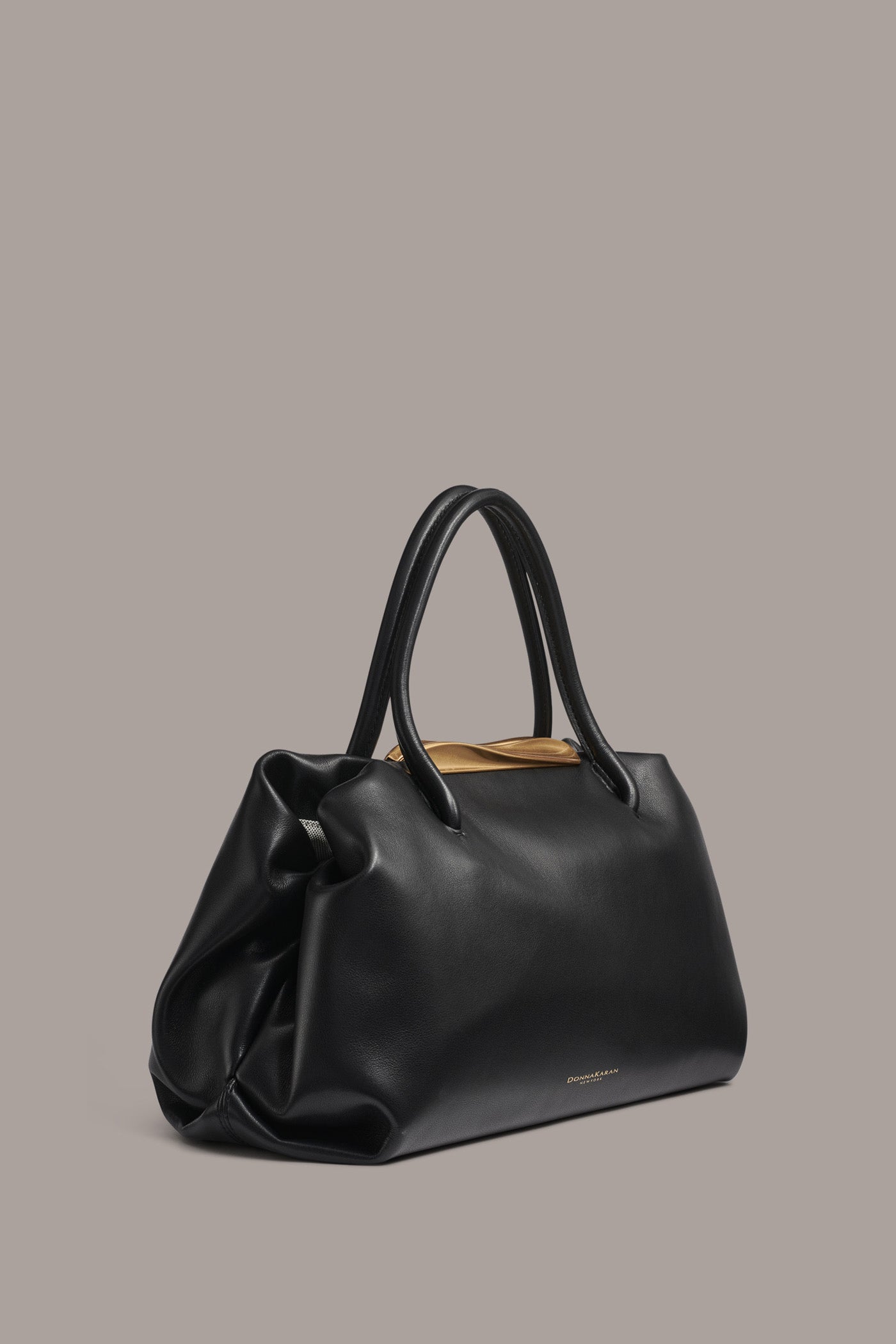 Black / Gold POPLIN LEATHER SATCHEL BAG Donna Karan