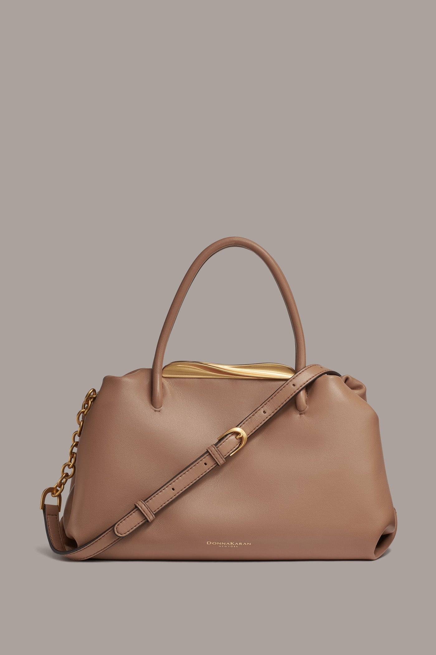 Toasted Almond POPLIN LEATHER SATCHEL BAG Donna Karan