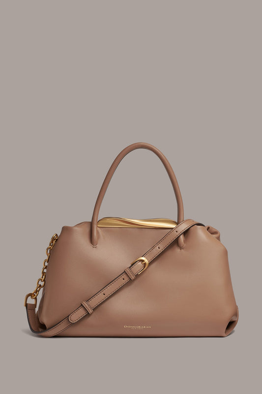 Toasted Almond POPLIN LEATHER SATCHEL BAG Donna Karan