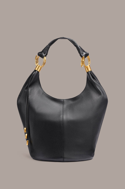 Black / Gold TARTAN LEATHER HOBO BAG Donna Karan