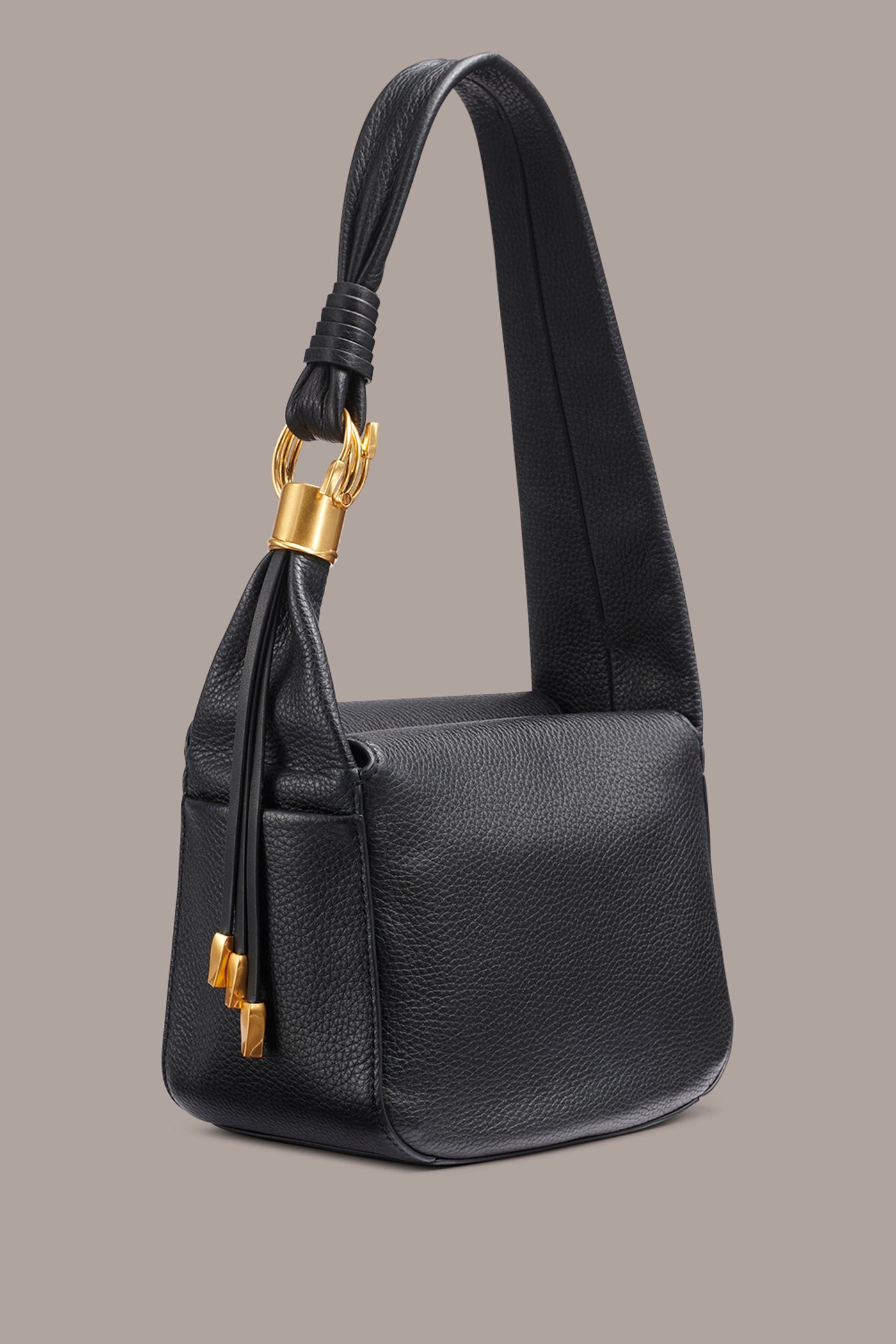 Black / Gold TARTAN LEATHER HOBO SHOULDER BAG Donna Karan