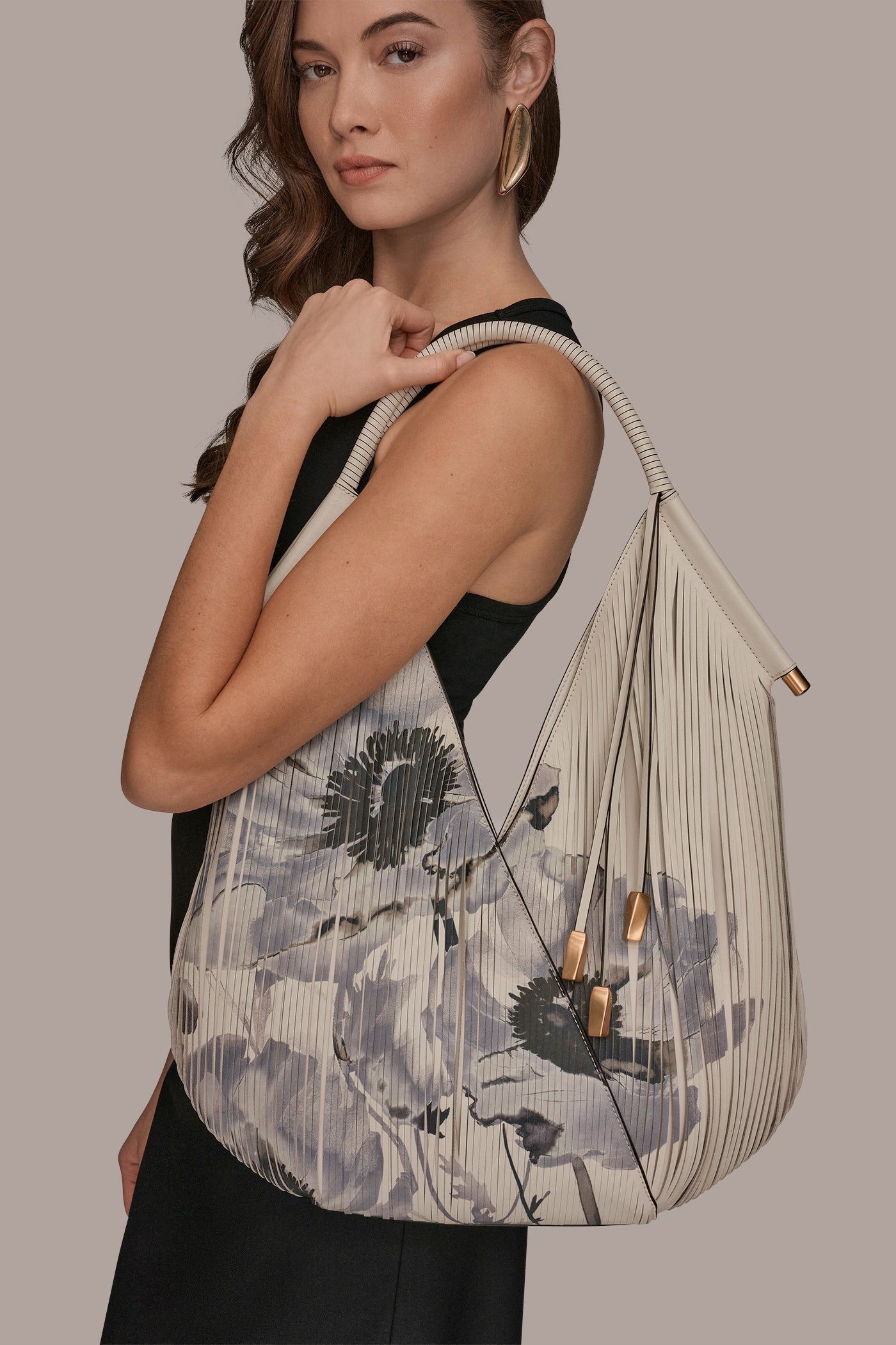 Bone BALDWIN FLORAL LASER-CUT LEATHER LARGE SHOULDER BAG Donna Karan