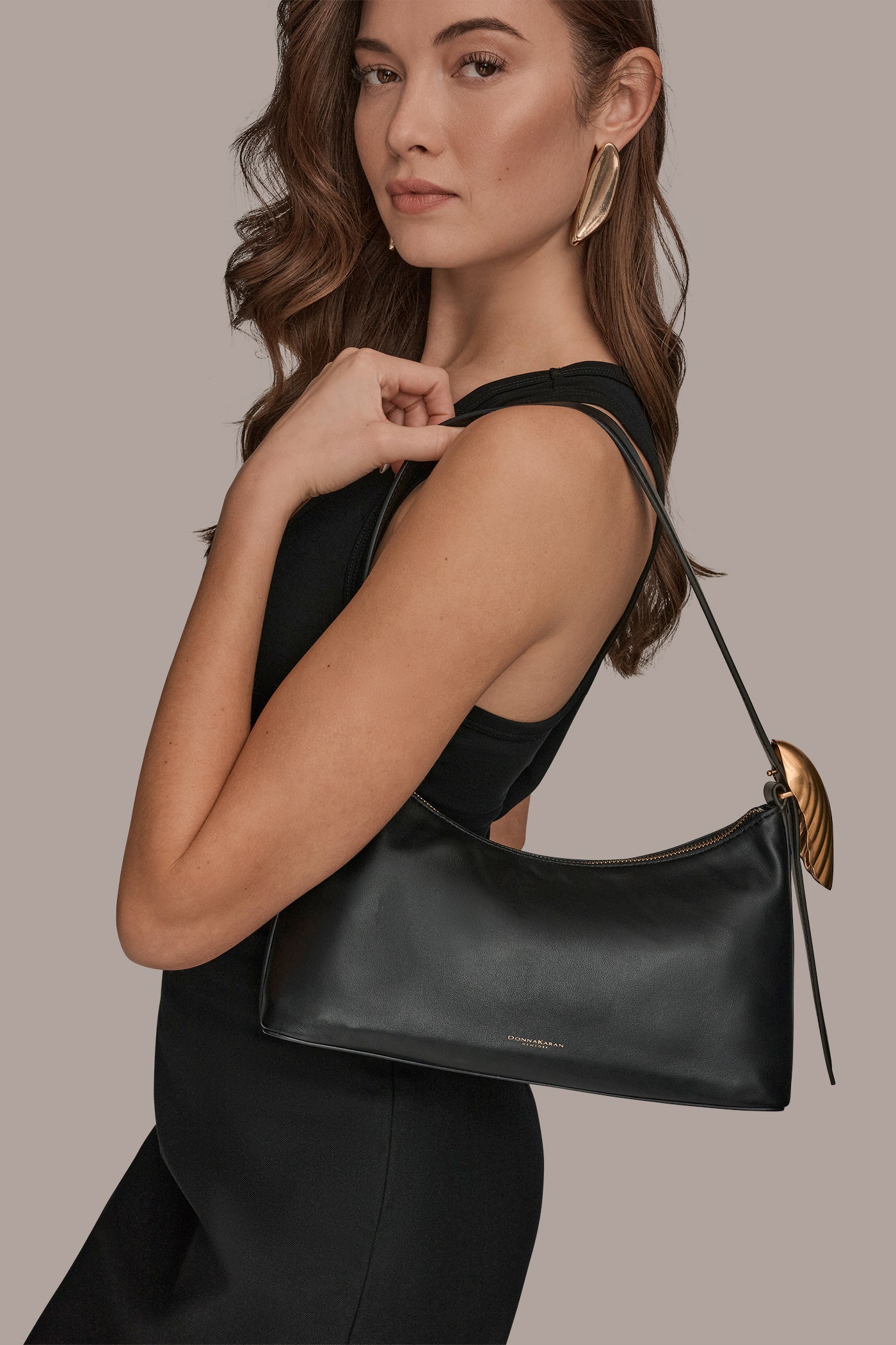 Black / Gold GEORGETTE LEATHER SHOULDER BAG Donna Karan
