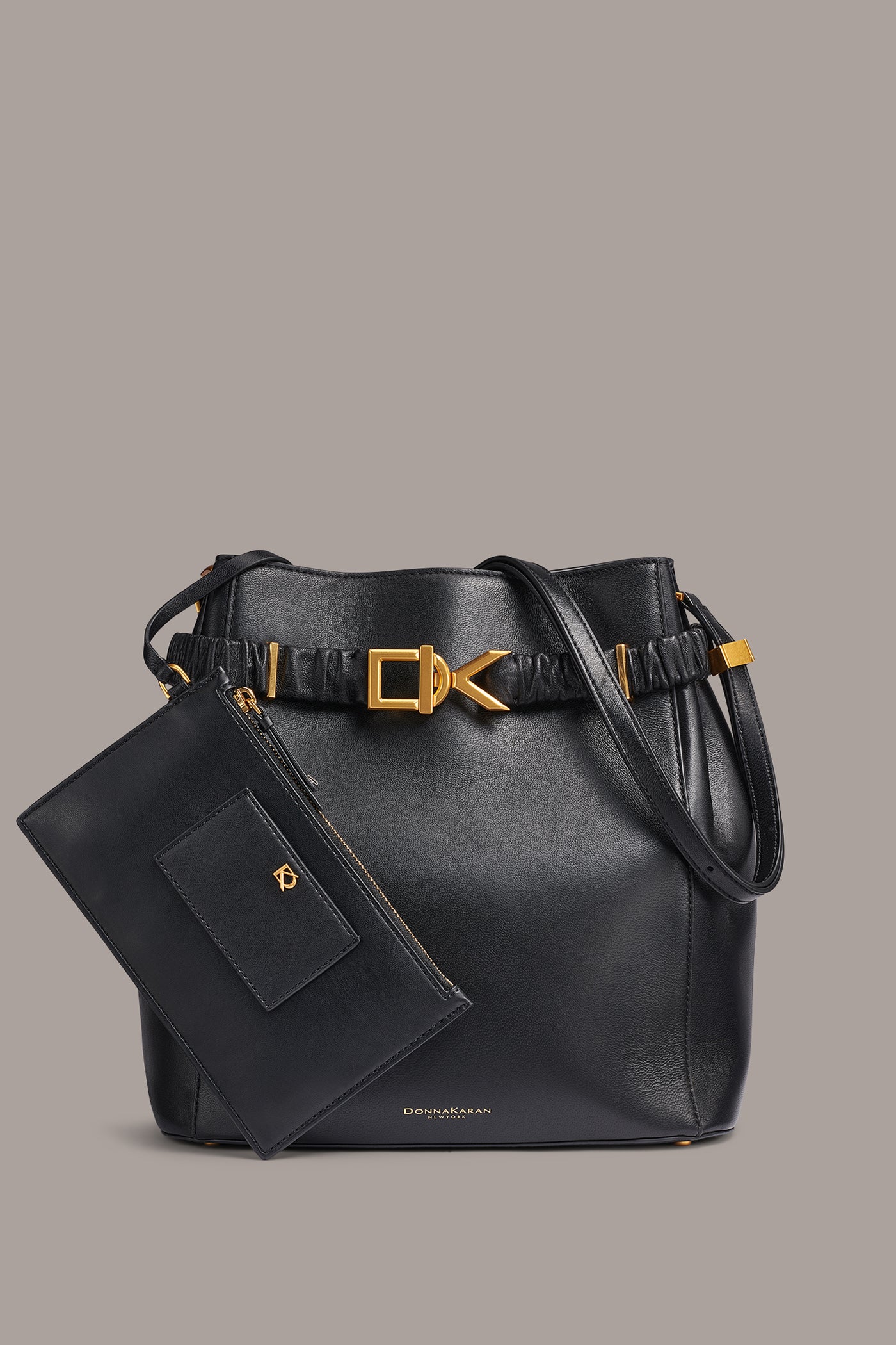 Black / Gold GINGHAM BUCKET BAG Donna Karan