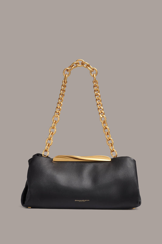 Black POPLIN LEATHER CLUTCH Donna Karan