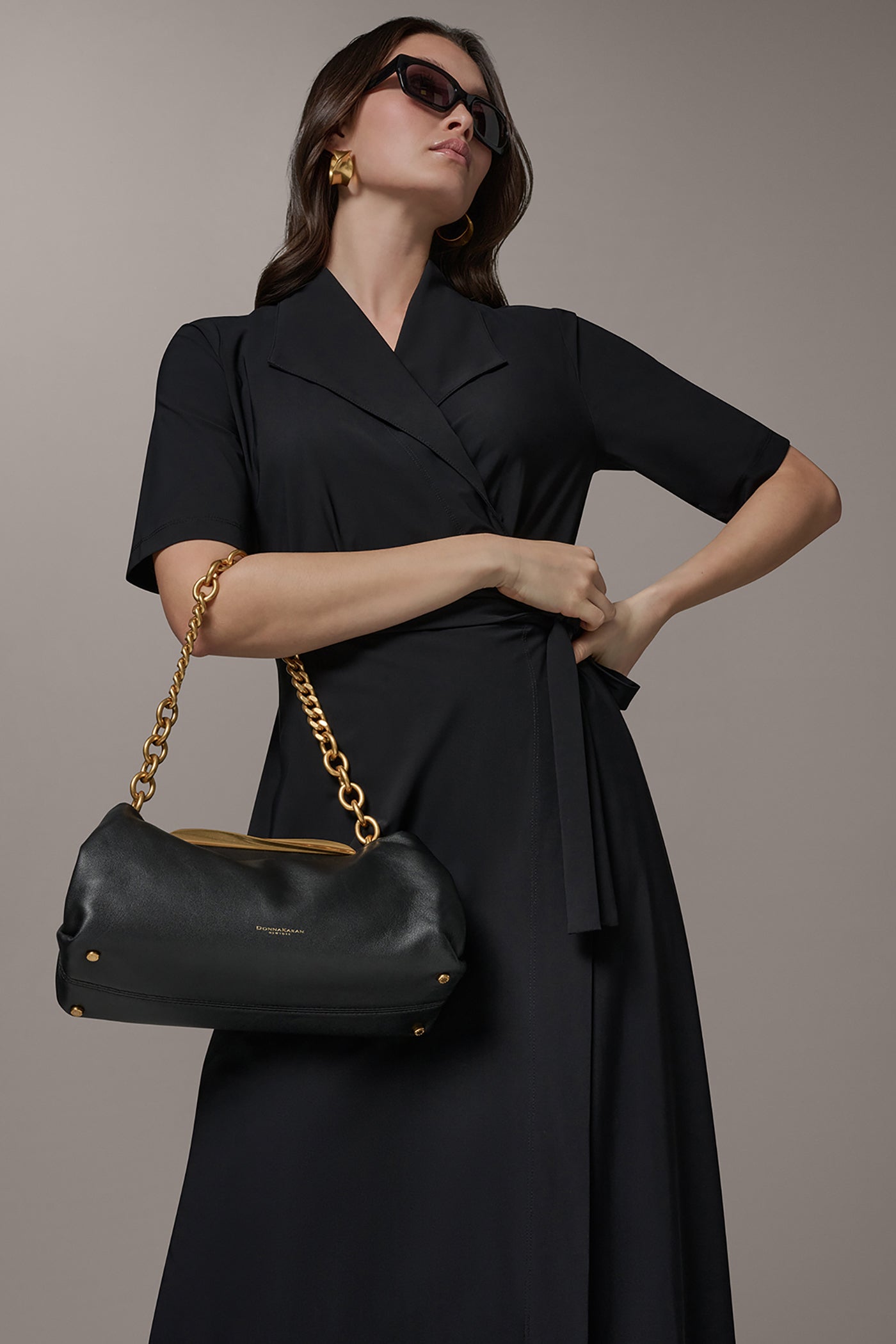 Black POPLIN LEATHER CLUTCH Donna Karan