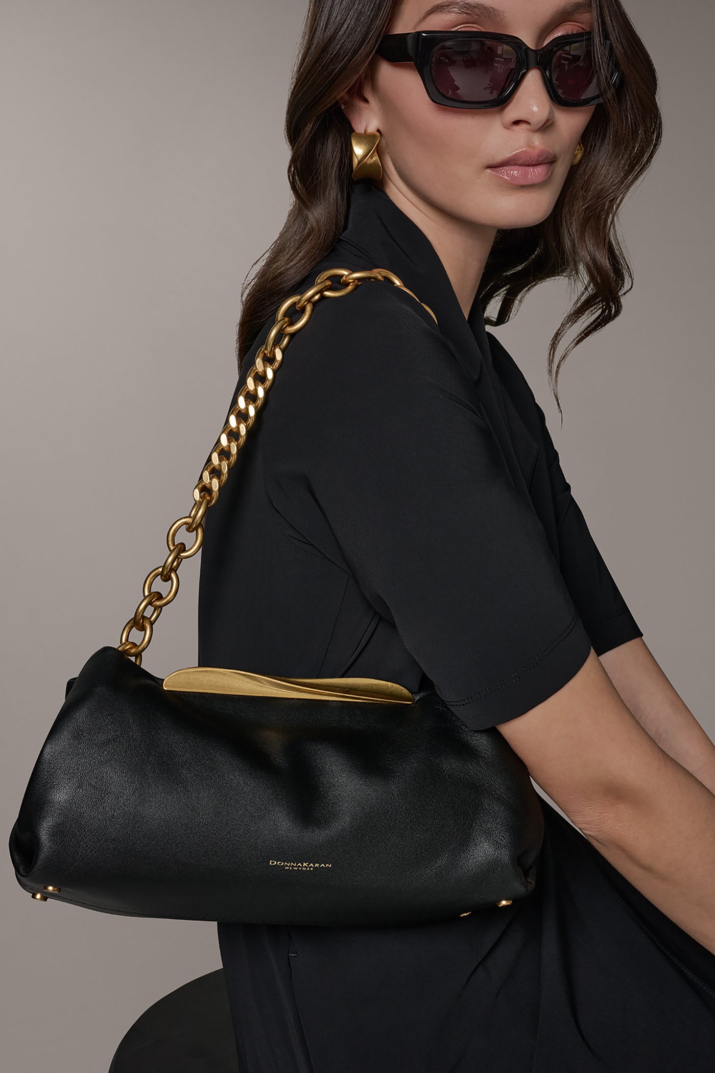 Black POPLIN LEATHER CLUTCH Donna Karan