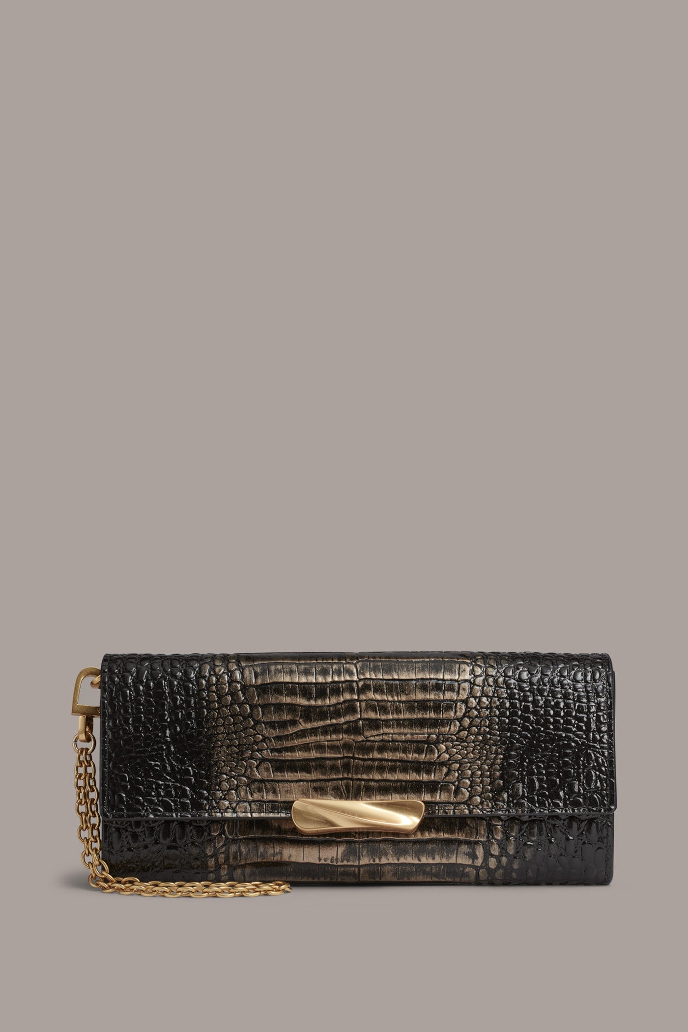 BLACK/GOLD AMAGANSETT METALLIC CROC-EFFECT FLAP WALLET Donna Karan