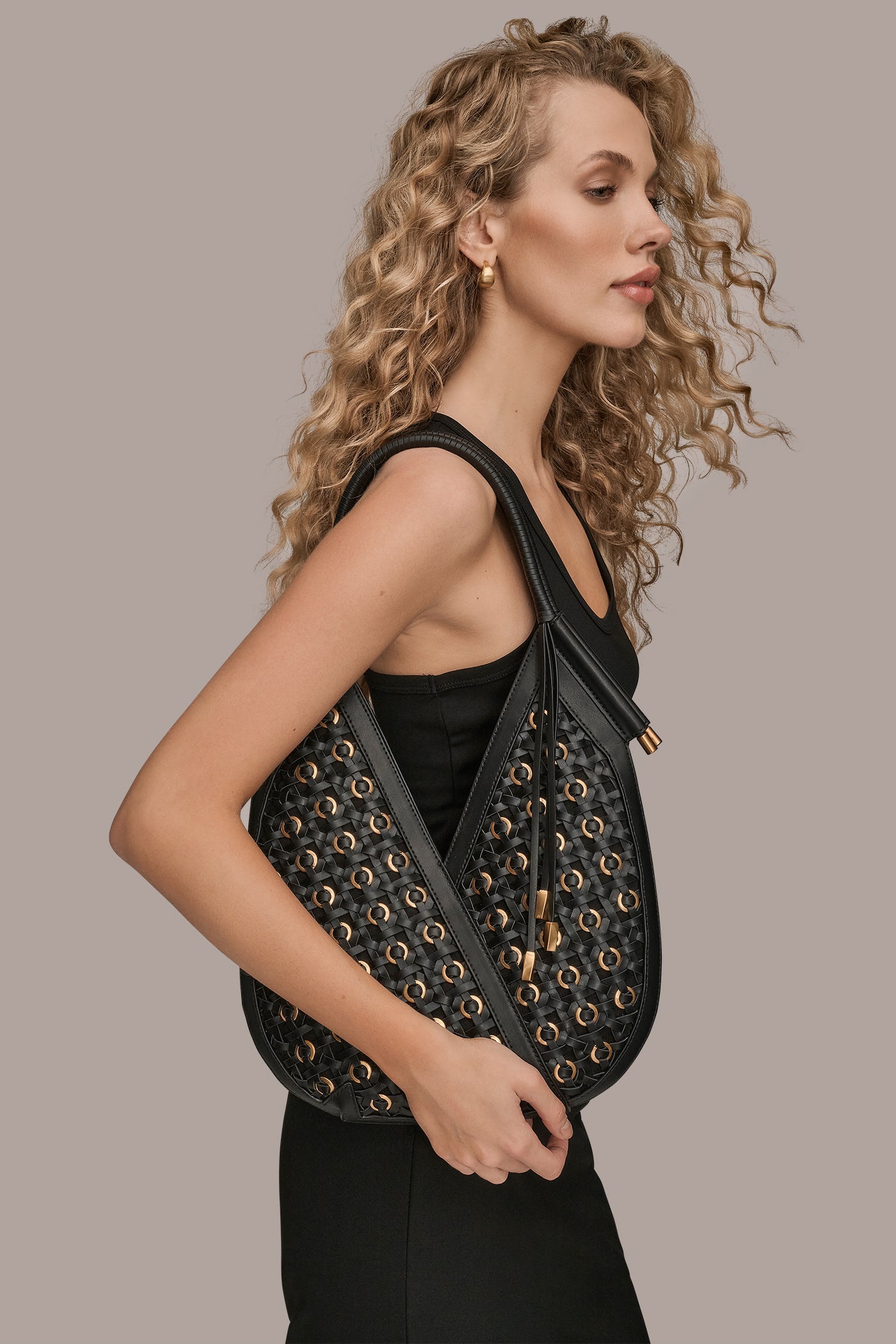 Black BALDWIN MINI WOVEN GROMMET SHOULDER BAG Donna Karan