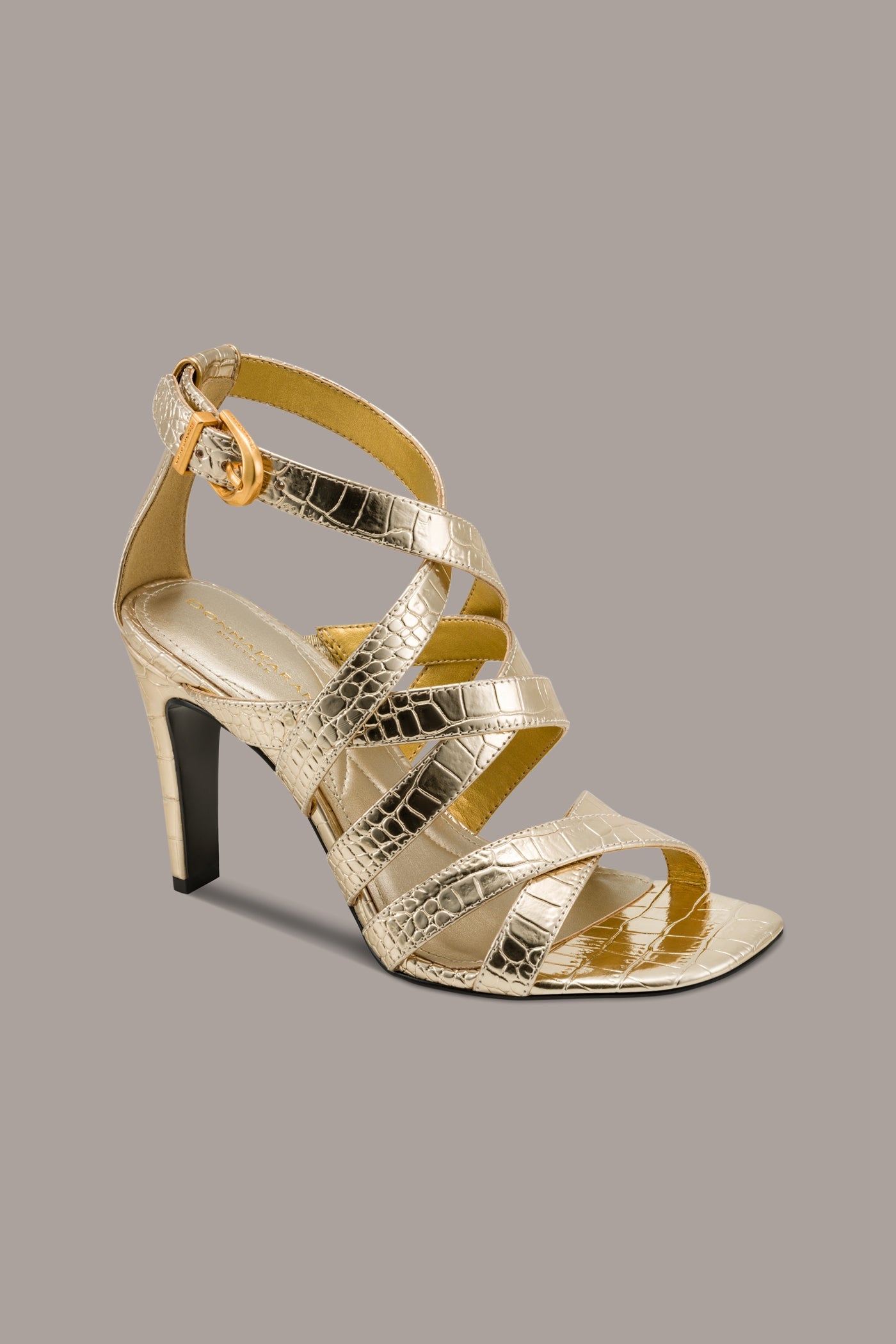 Champagne BRIARROSE METALLIC CROC-EFFECT ANKLE-STRAP SANDAL Donna Karan