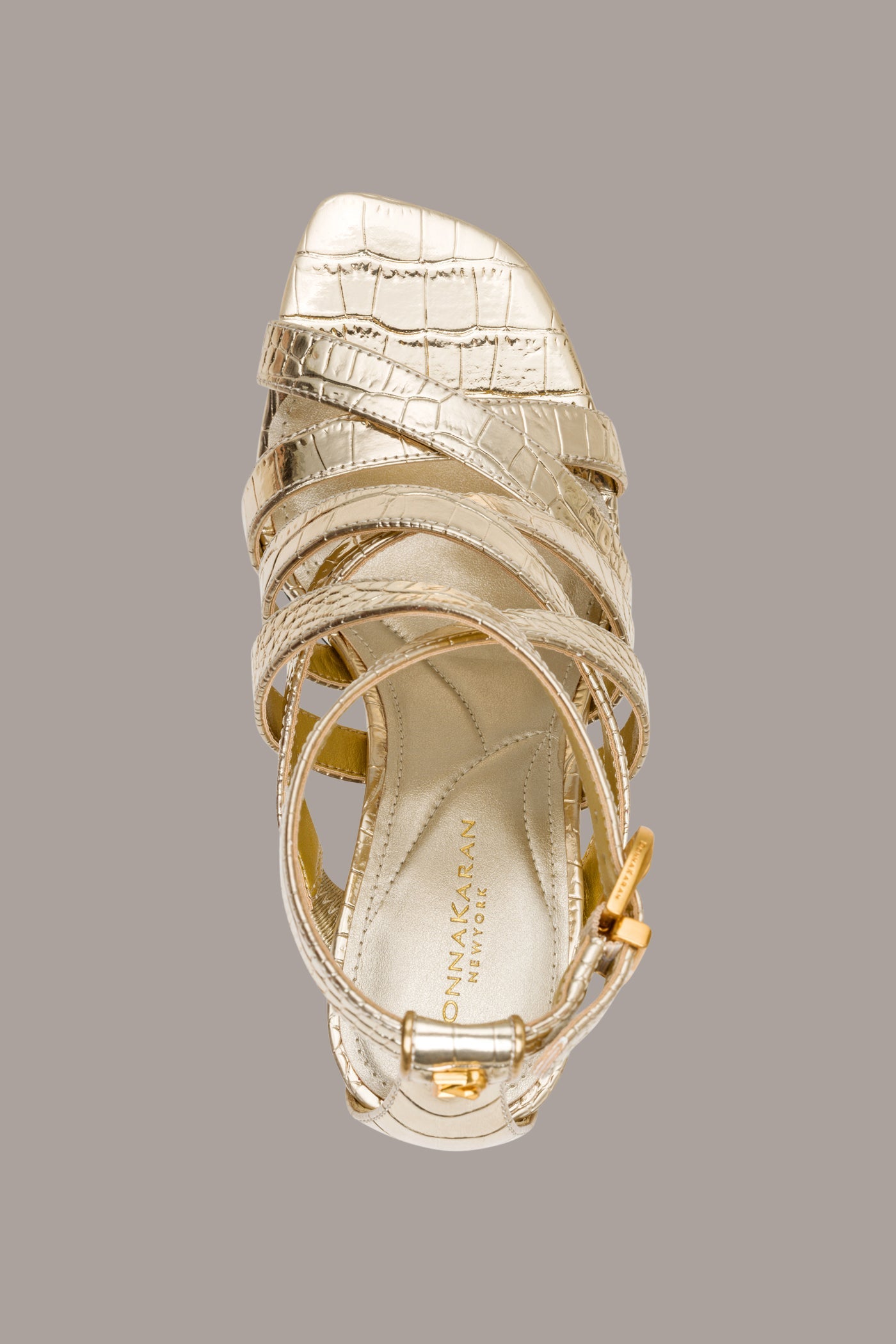Champagne BRIARROSE METALLIC CROC-EFFECT ANKLE-STRAP SANDAL Donna Karan