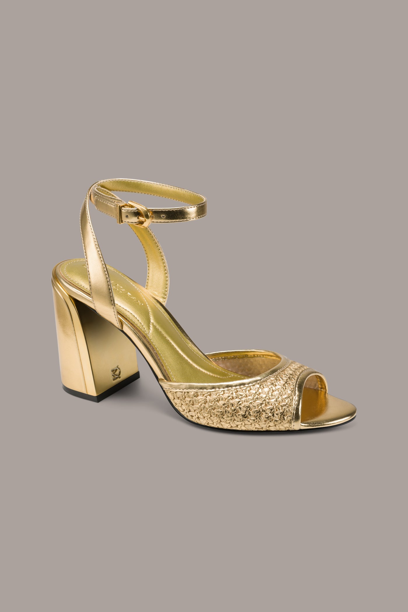 Gold SINCLAIR METALLIC RAFFIA ANKLE-STRAP SANDAL Donna Karan