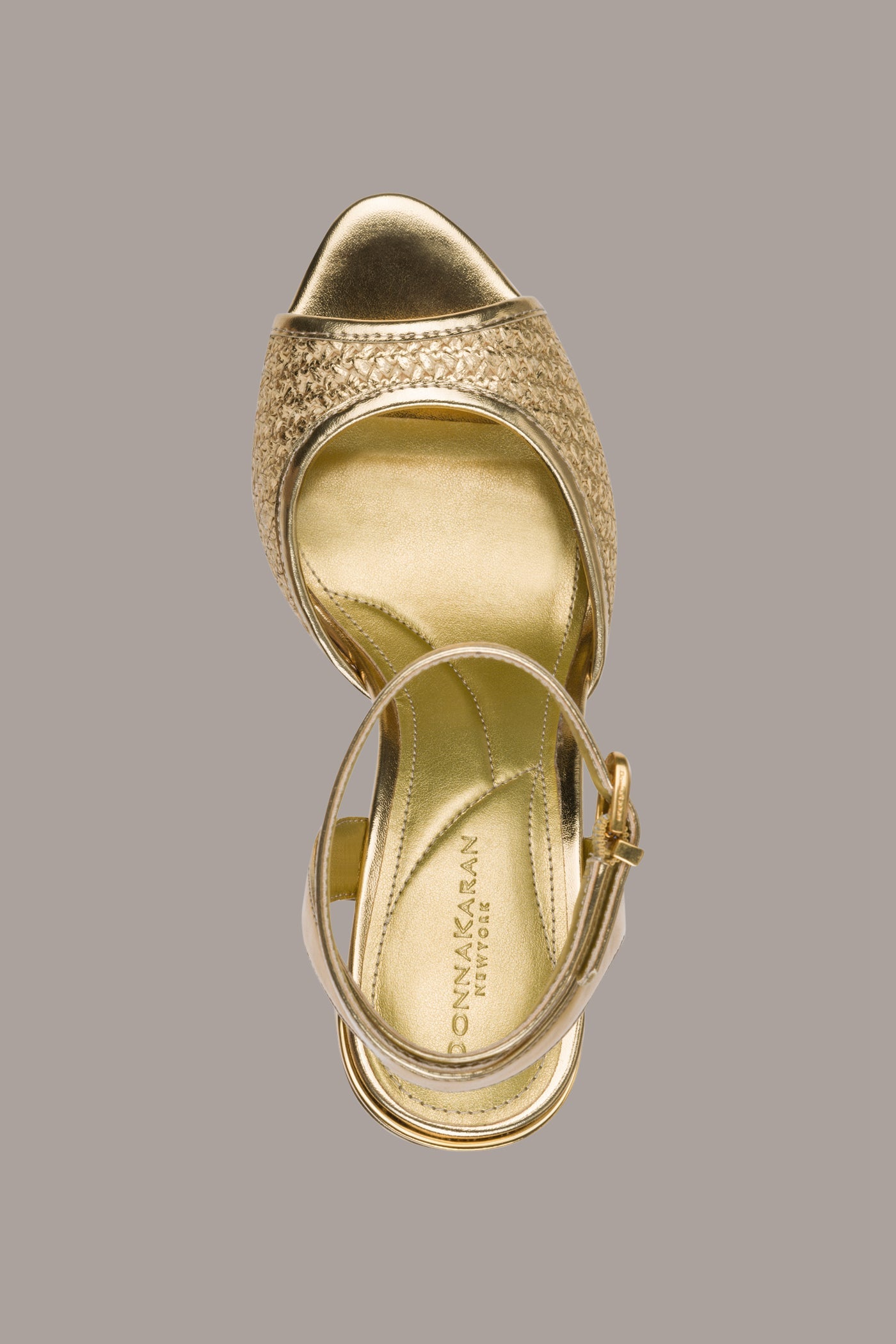 Gold SINCLAIR METALLIC RAFFIA ANKLE-STRAP SANDAL Donna Karan