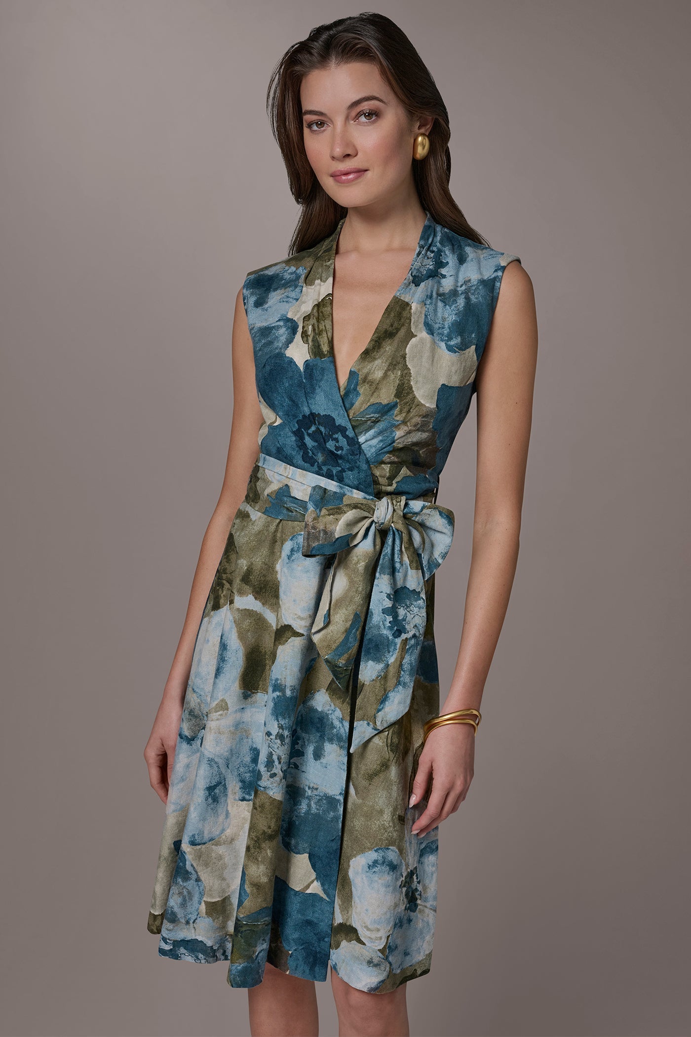 Washed Indigo Multi LINEN-BLEND SLEEVELESS FLORAL WRAP A-LINE DRESS Donna Karan