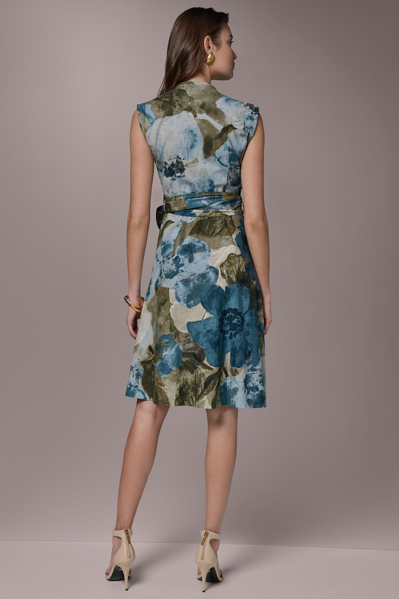 Washed Indigo Multi LINEN-BLEND SLEEVELESS FLORAL WRAP A-LINE DRESS Donna Karan