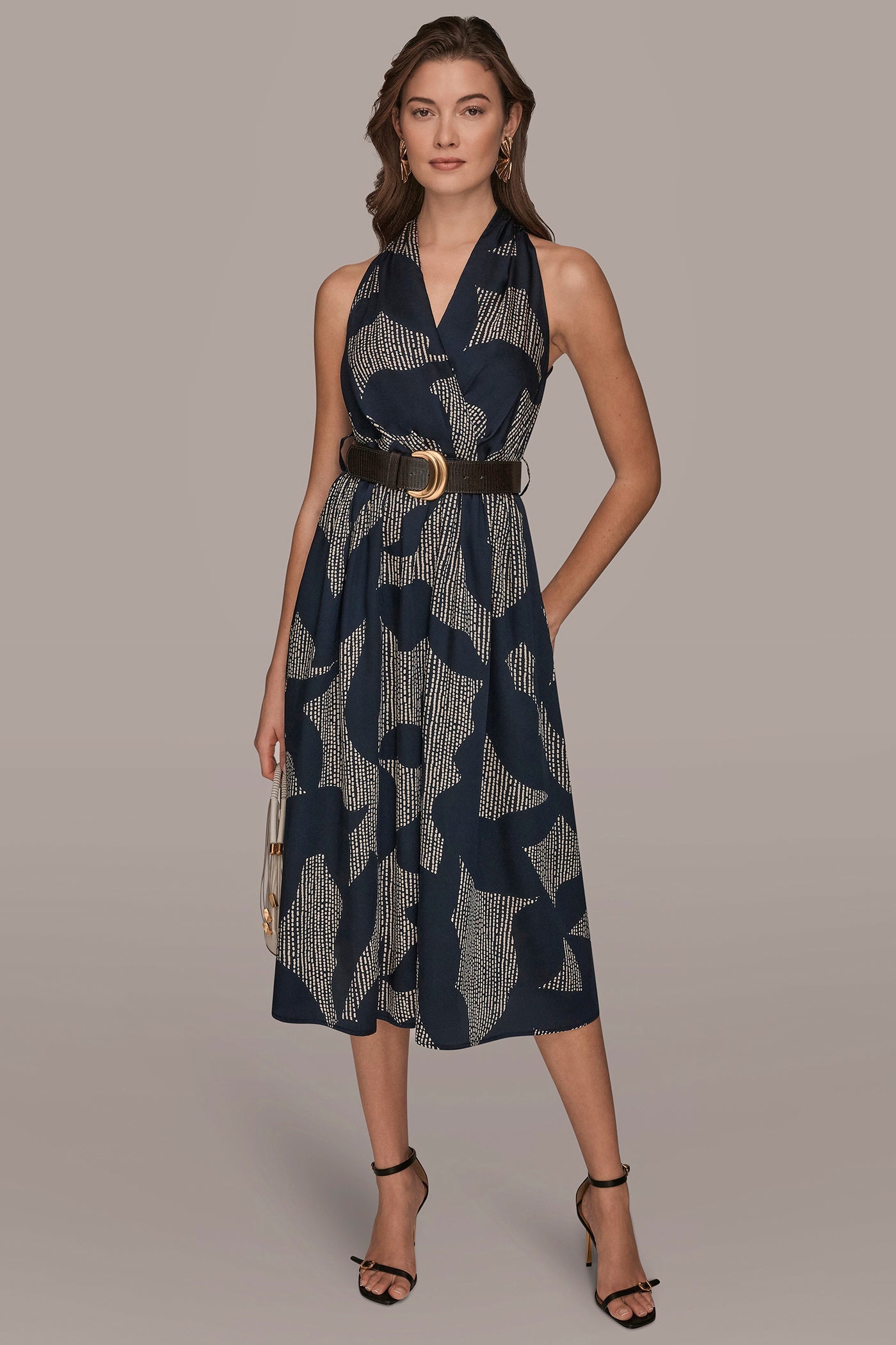 Nightfall/Sand PRINTED WRAP MIDI HALTER DRESS Donna Karan
