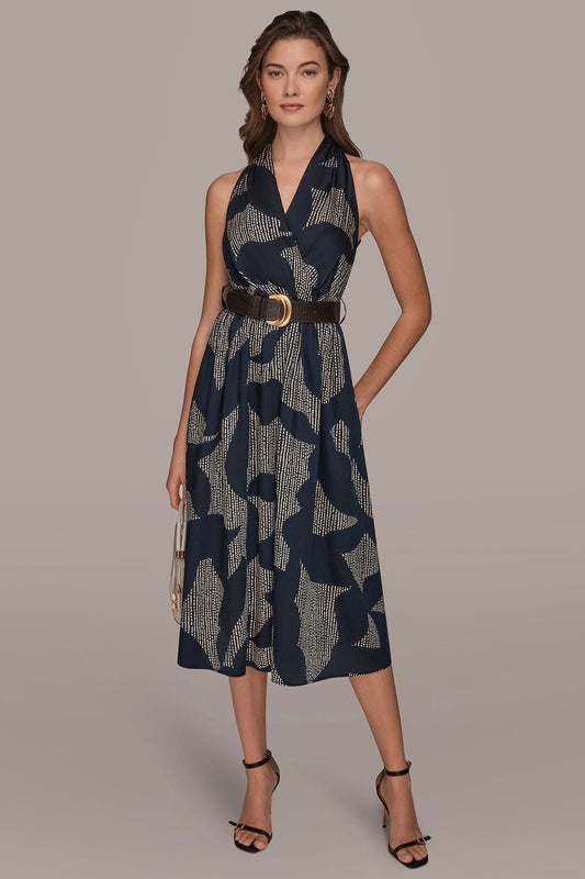 Nightfall/Sand PRINTED WRAP MIDI HALTER DRESS Donna Karan