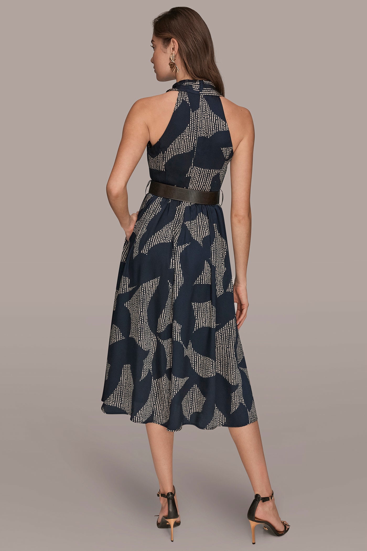 Nightfall/Sand PRINTED WRAP MIDI HALTER DRESS Donna Karan