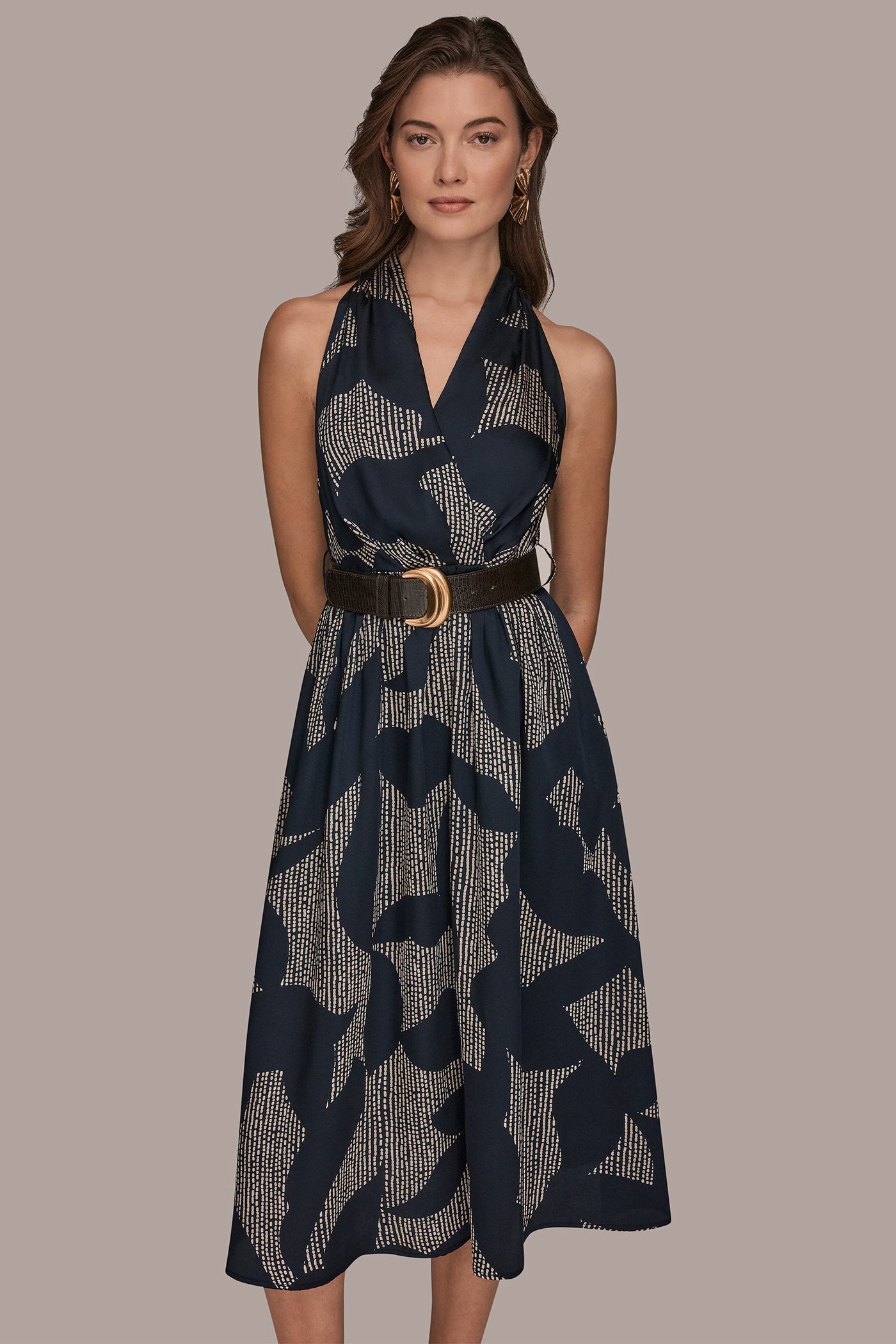 Nightfall/Sand PRINTED WRAP MIDI HALTER DRESS Donna Karan