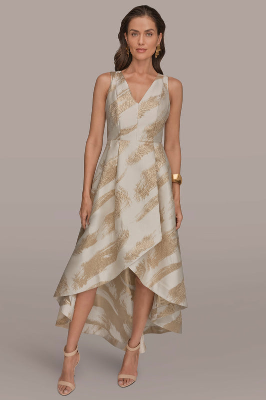 Cream/Gold BRUSHSTROKE JACQUARD HIGH-LOW BALL GOWN Donna Karan