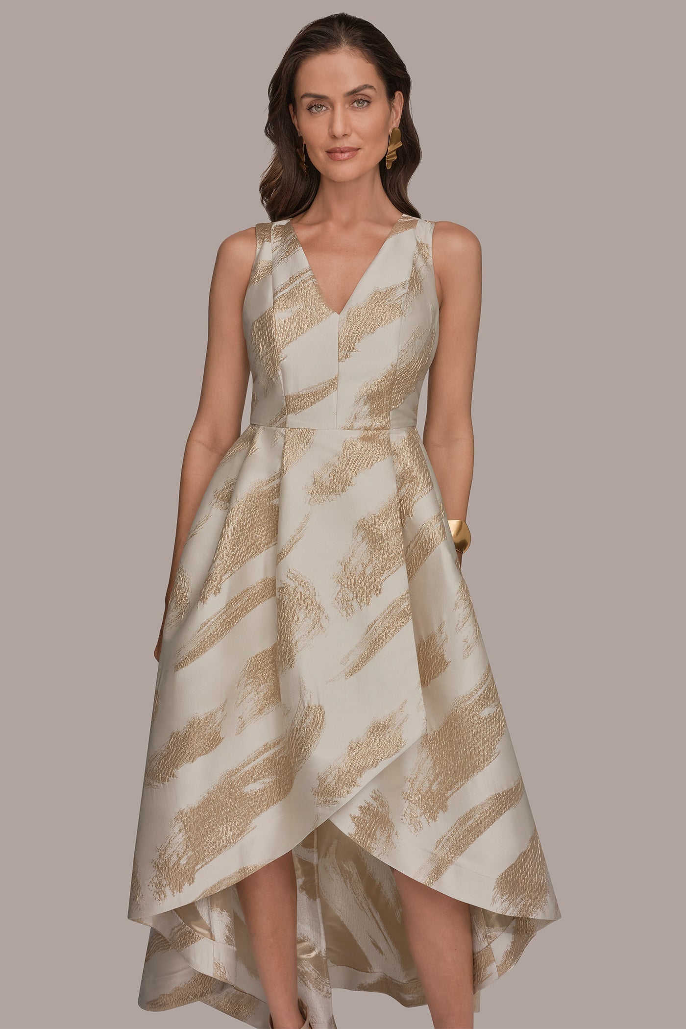 Cream/Gold BRUSHSTROKE JACQUARD HIGH-LOW BALL GOWN Donna Karan