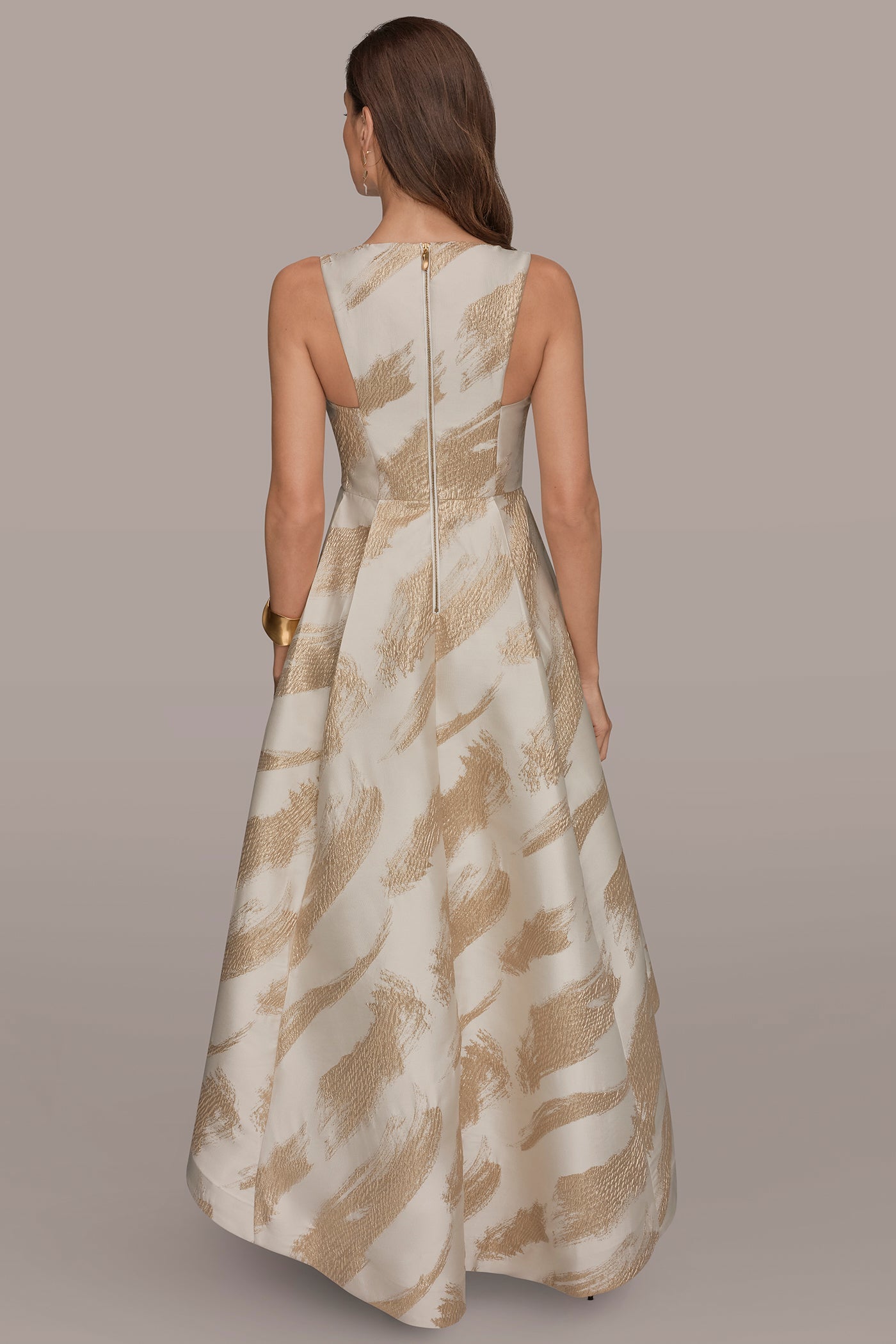 Cream/Gold BRUSHSTROKE JACQUARD HIGH-LOW BALL GOWN Donna Karan