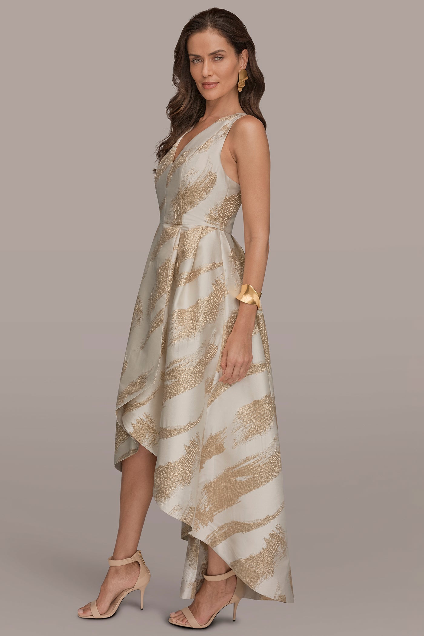Cream/Gold BRUSHSTROKE JACQUARD HIGH-LOW BALL GOWN Donna Karan