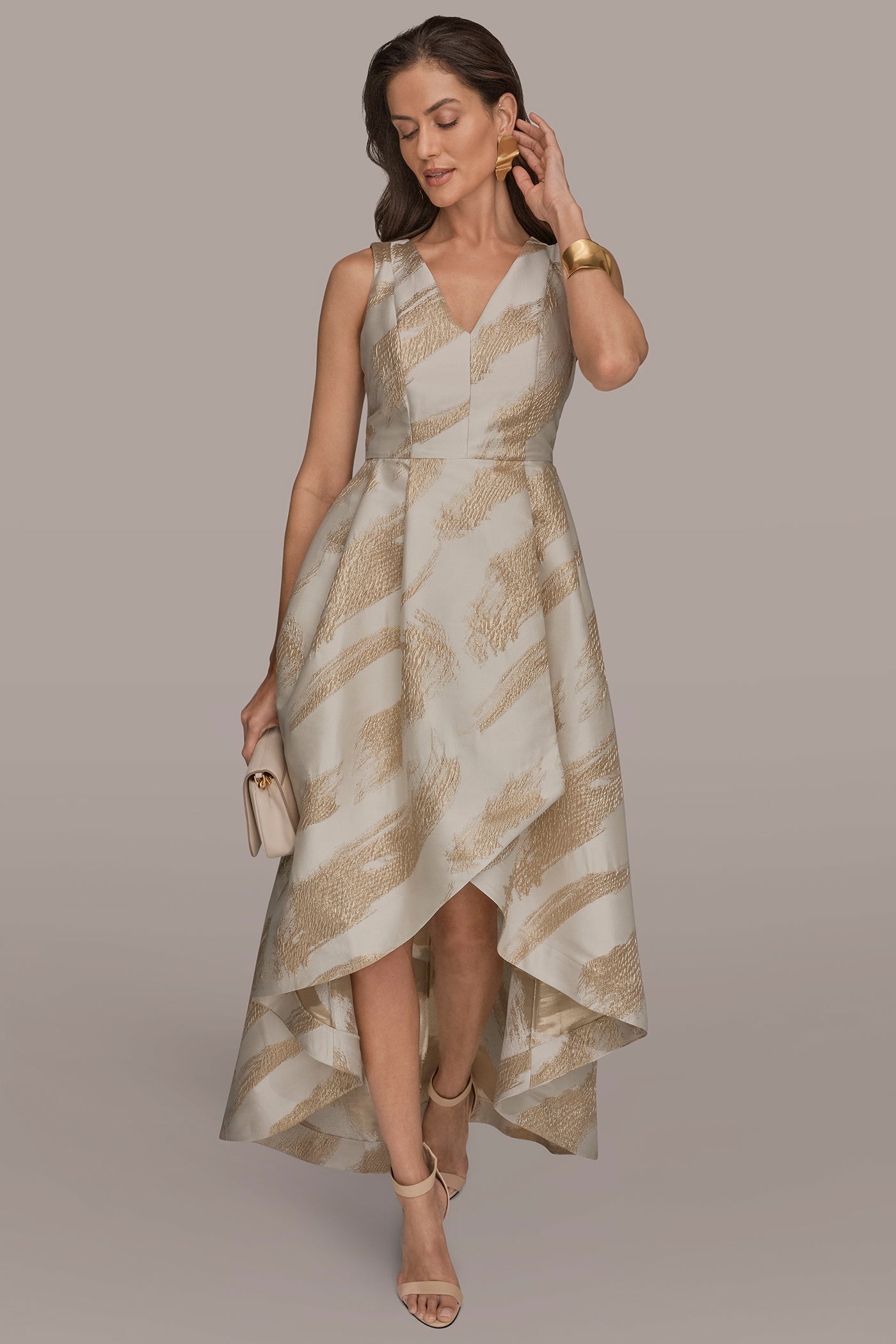 Cream/Gold BRUSHSTROKE JACQUARD HIGH-LOW BALL GOWN Donna Karan