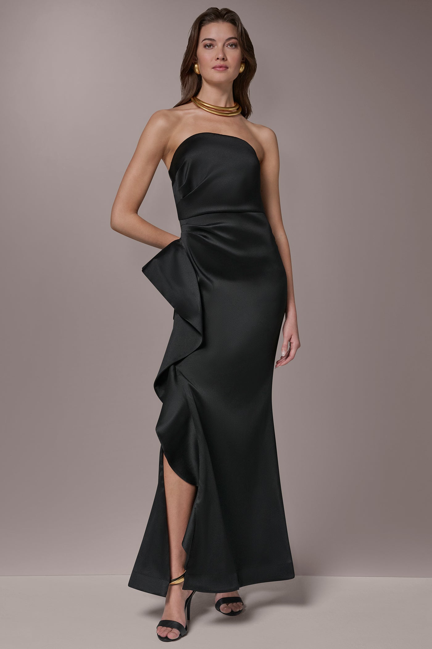 Black TAFFETA STRAPLESS RUFFLE GOWN Donna Karan