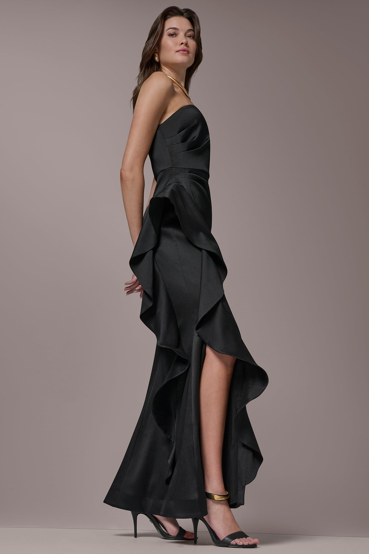 Black TAFFETA STRAPLESS RUFFLE GOWN Donna Karan