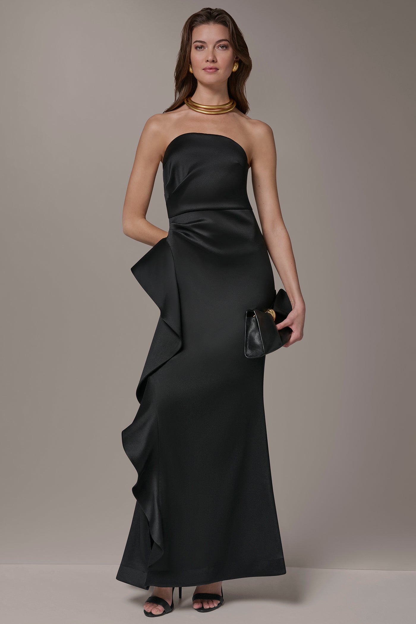 Black TAFFETA STRAPLESS RUFFLE GOWN Donna Karan
