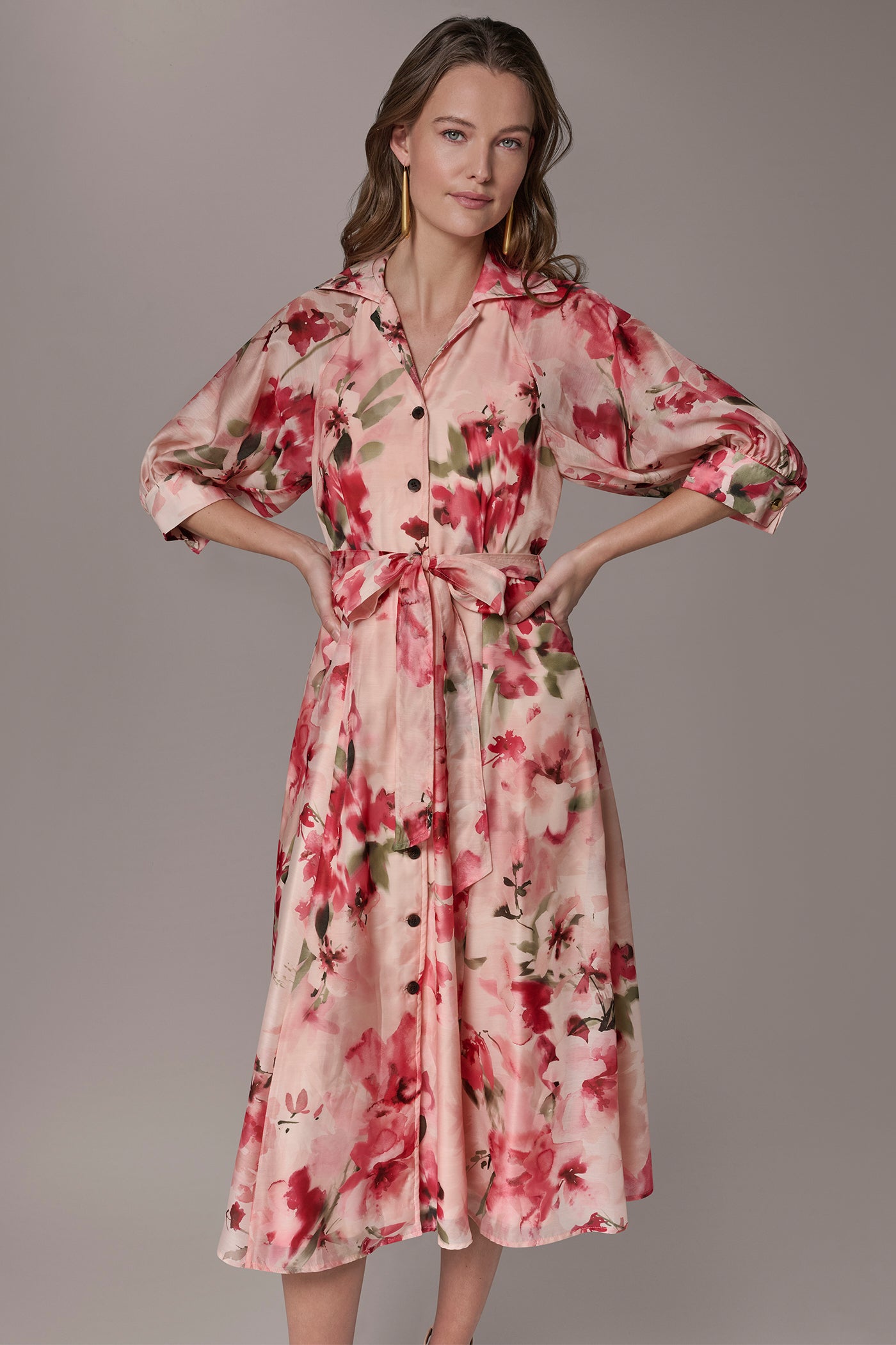 Geranium Multi ORGANZA FLORAL MIDI SHIRT DRESS Donna Karan