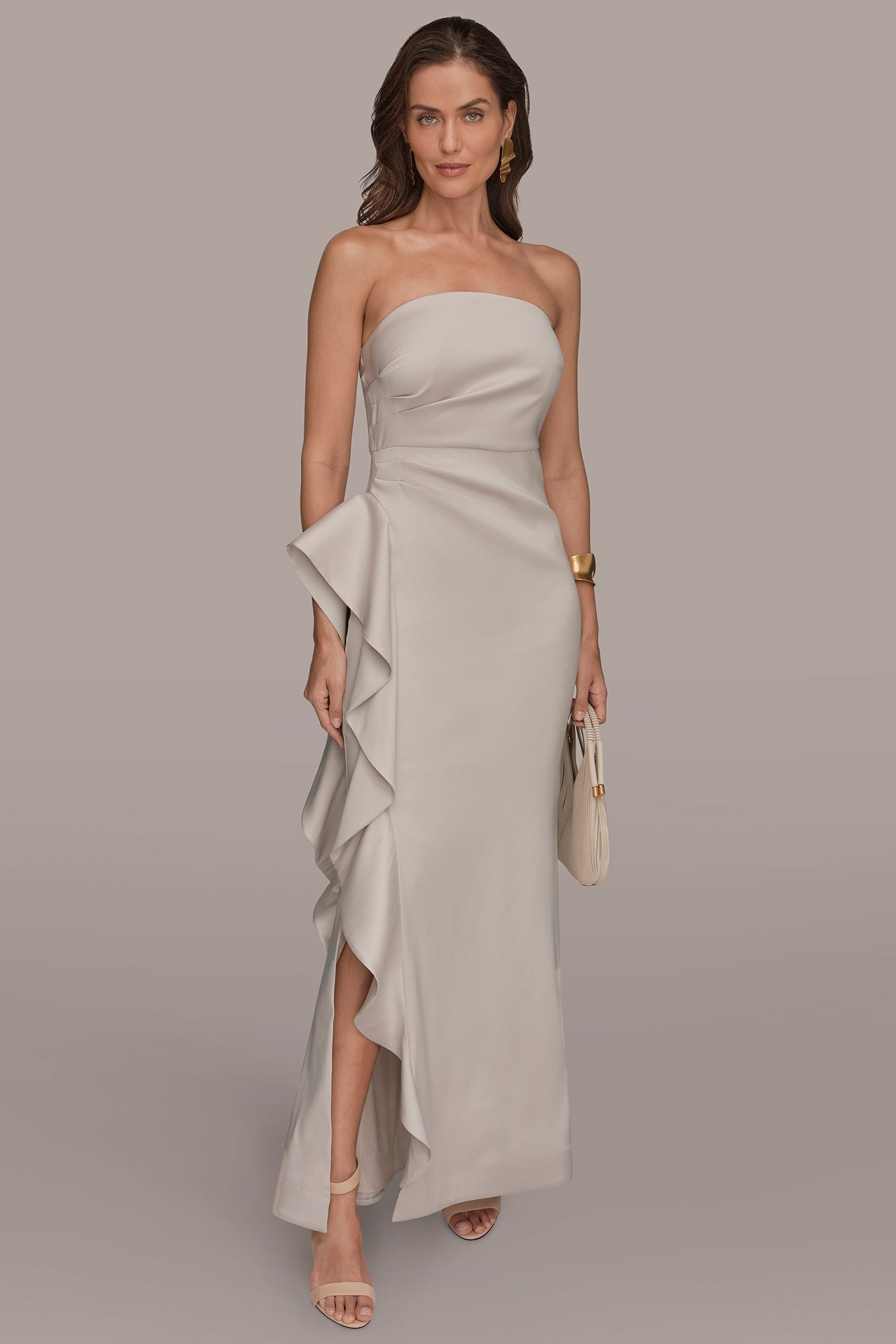 Sand TAFFETA STRAPLESS RUFFLE GOWN Donna Karan