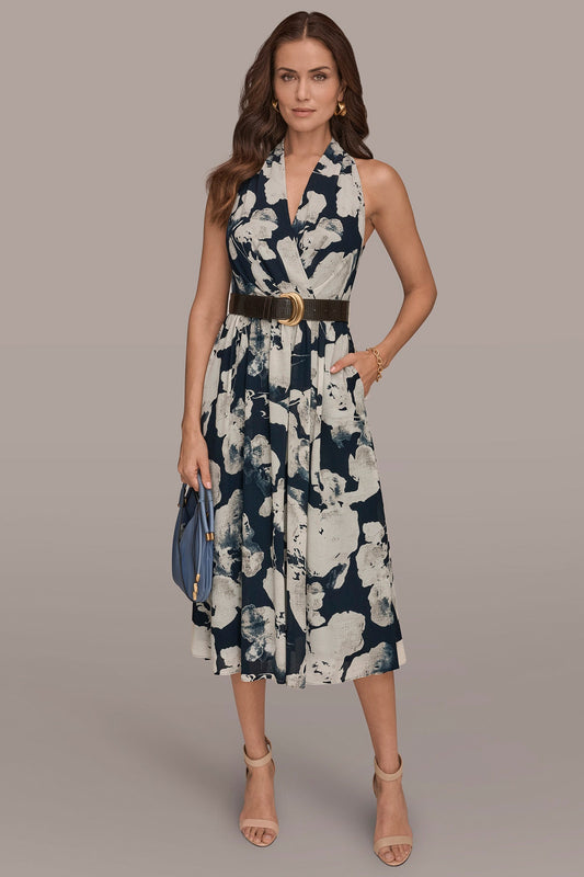 Nightfall Multi CHIFFON FLORAL MIDI HALTER DRESS Donna Karan