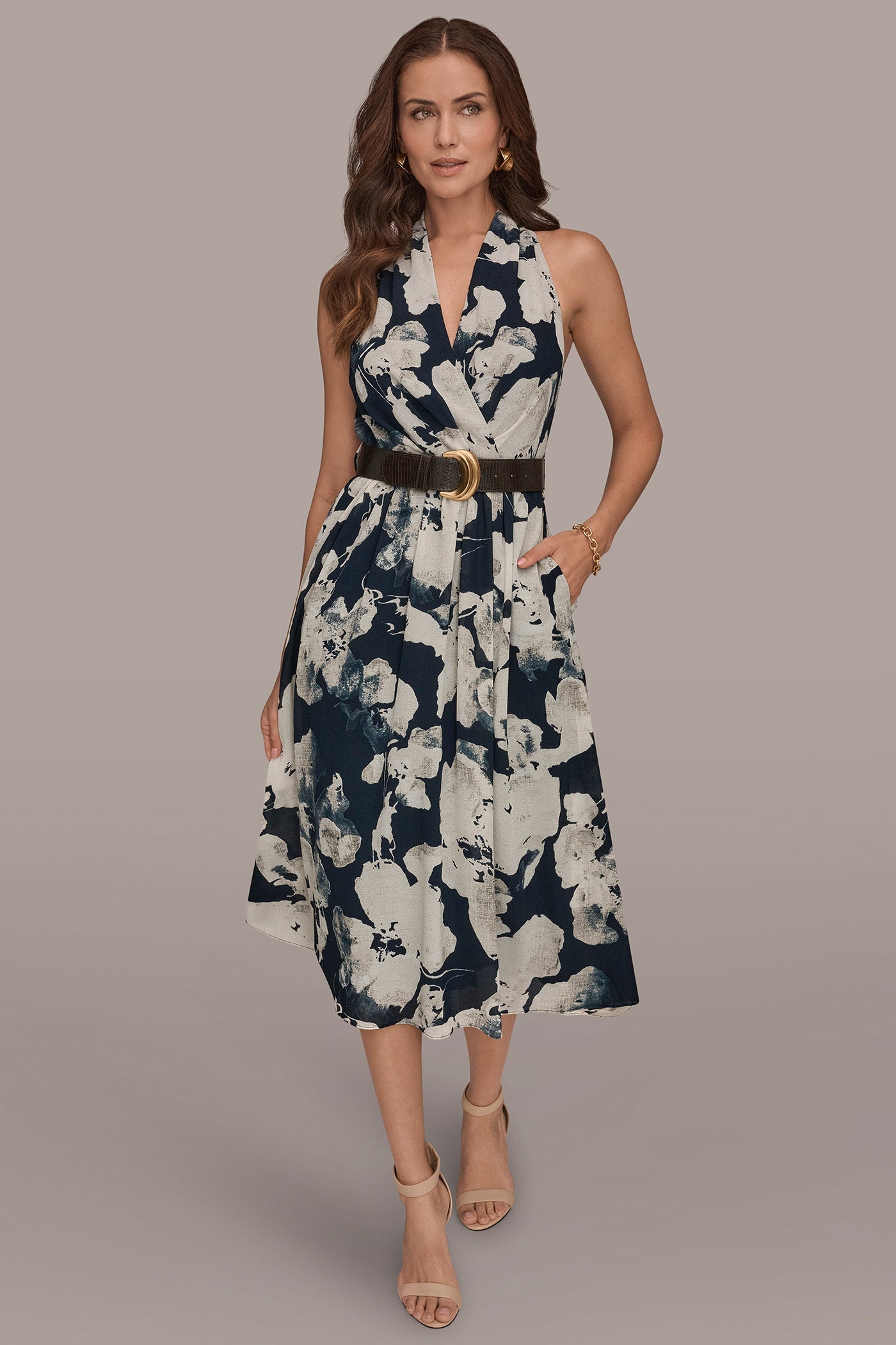 Nightfall Multi CHIFFON FLORAL MIDI HALTER DRESS Donna Karan