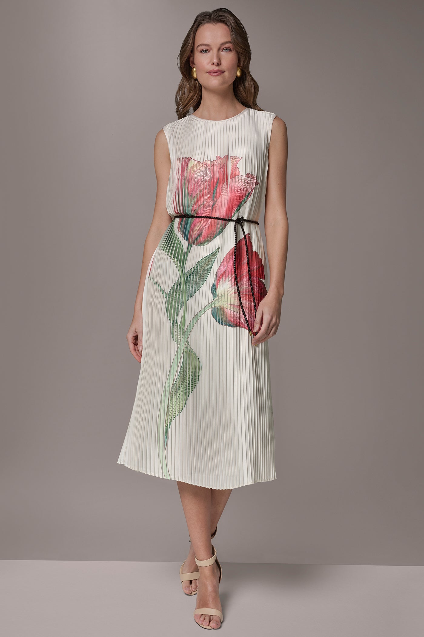 Geranium Multi FLORAL PLEATED MIDI A-LINE DRESS Donna Karan