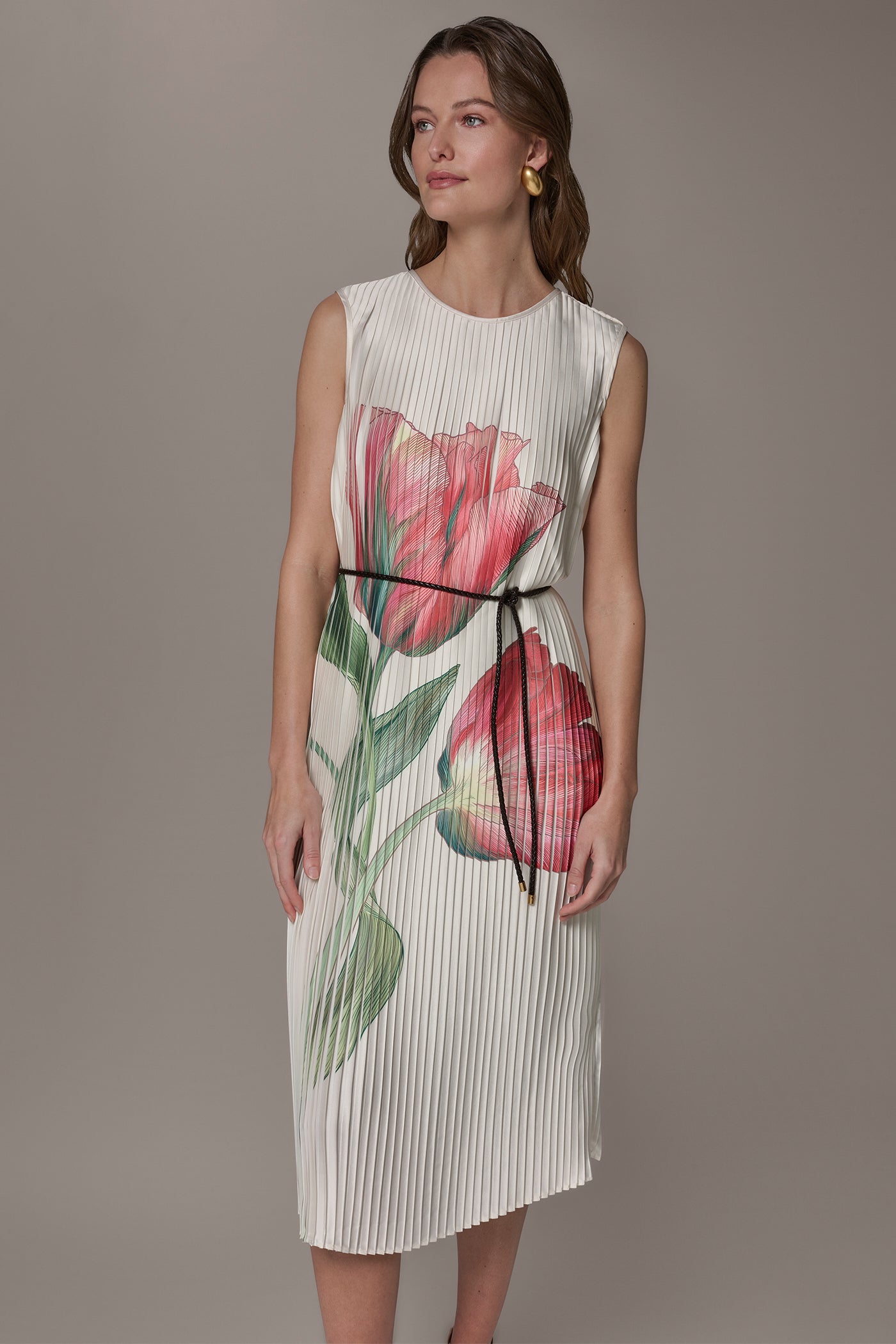 Geranium Multi FLORAL PLEATED MIDI A-LINE DRESS Donna Karan