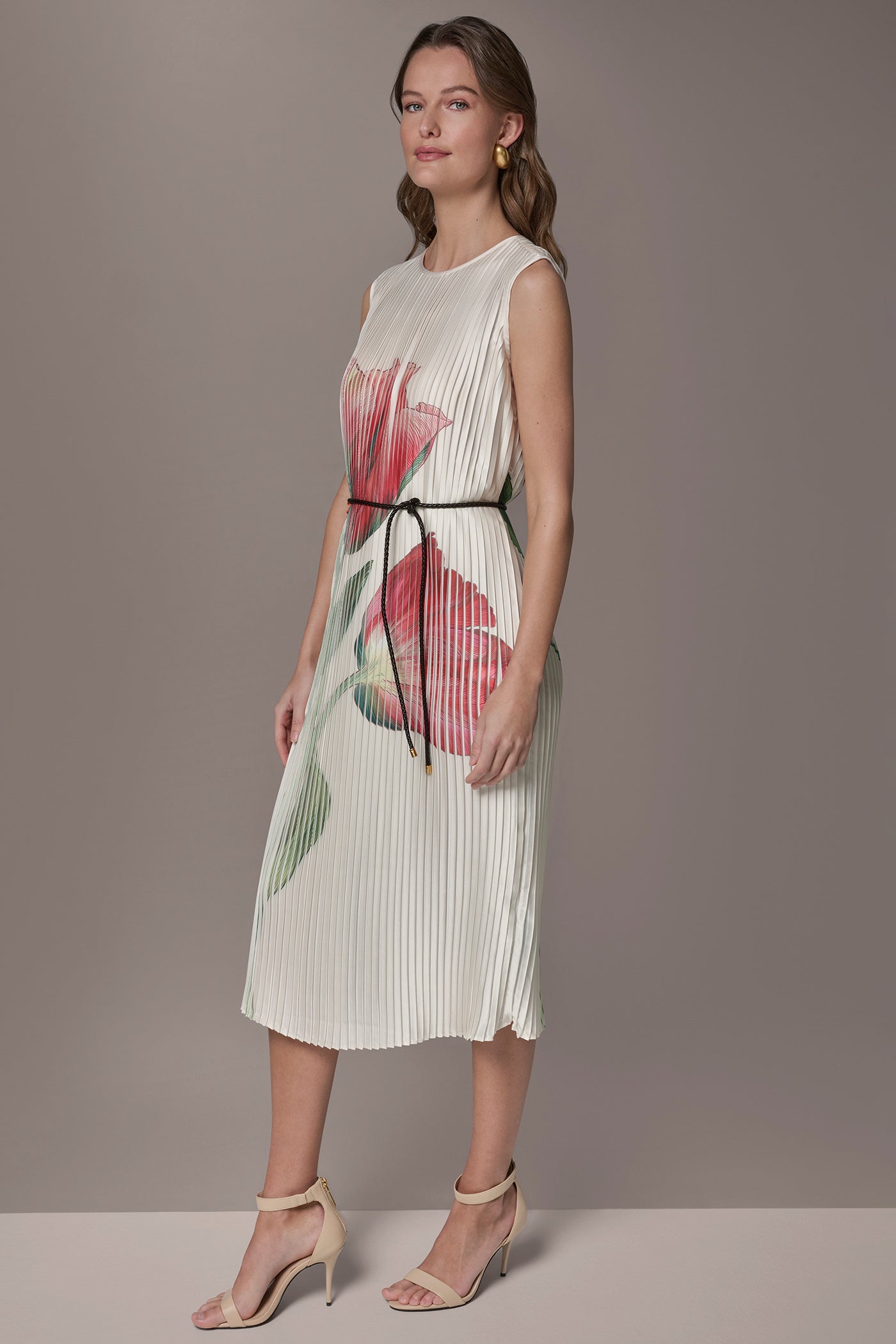 Geranium Multi FLORAL PLEATED MIDI A-LINE DRESS Donna Karan