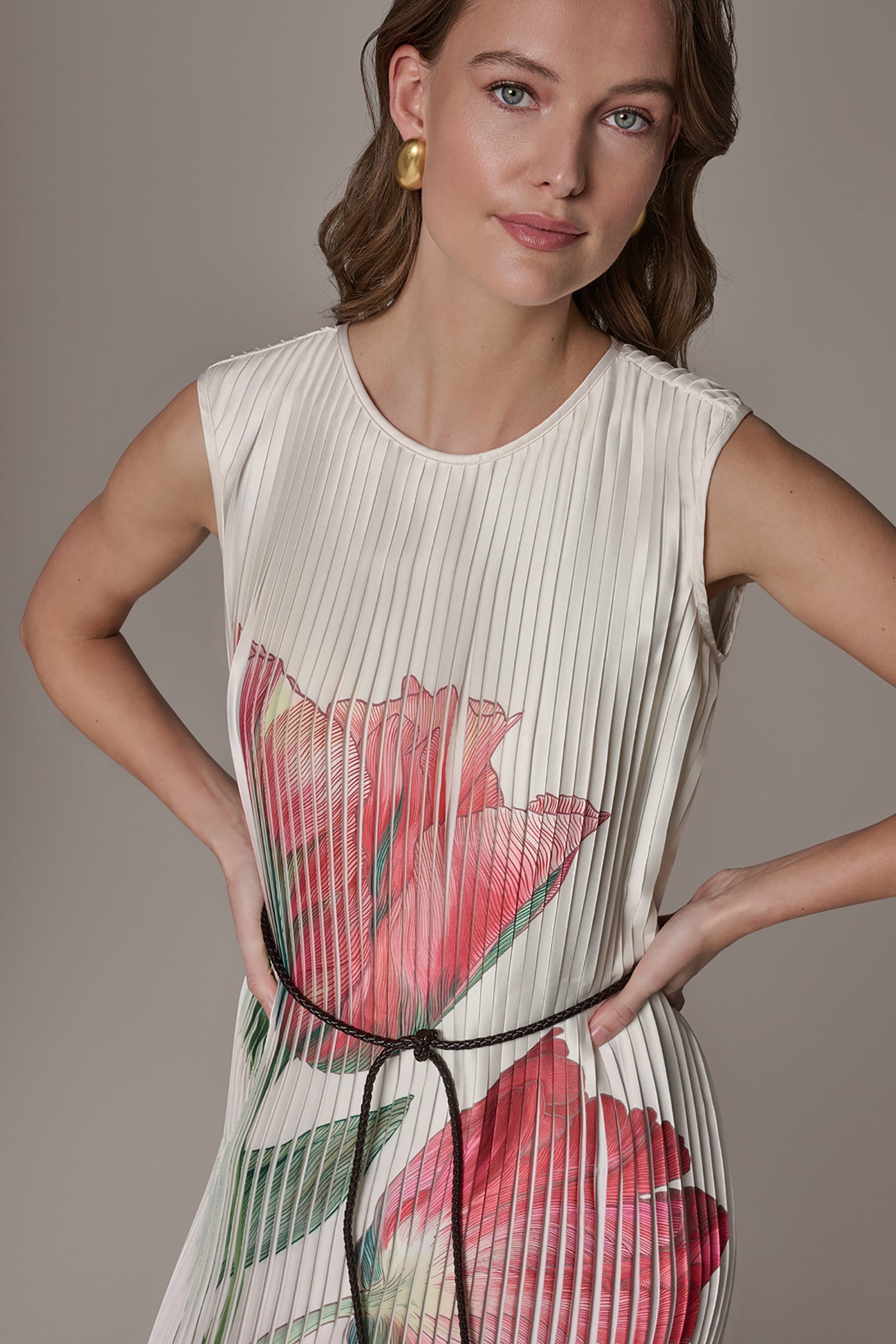Geranium Multi FLORAL PLEATED MIDI A-LINE DRESS Donna Karan