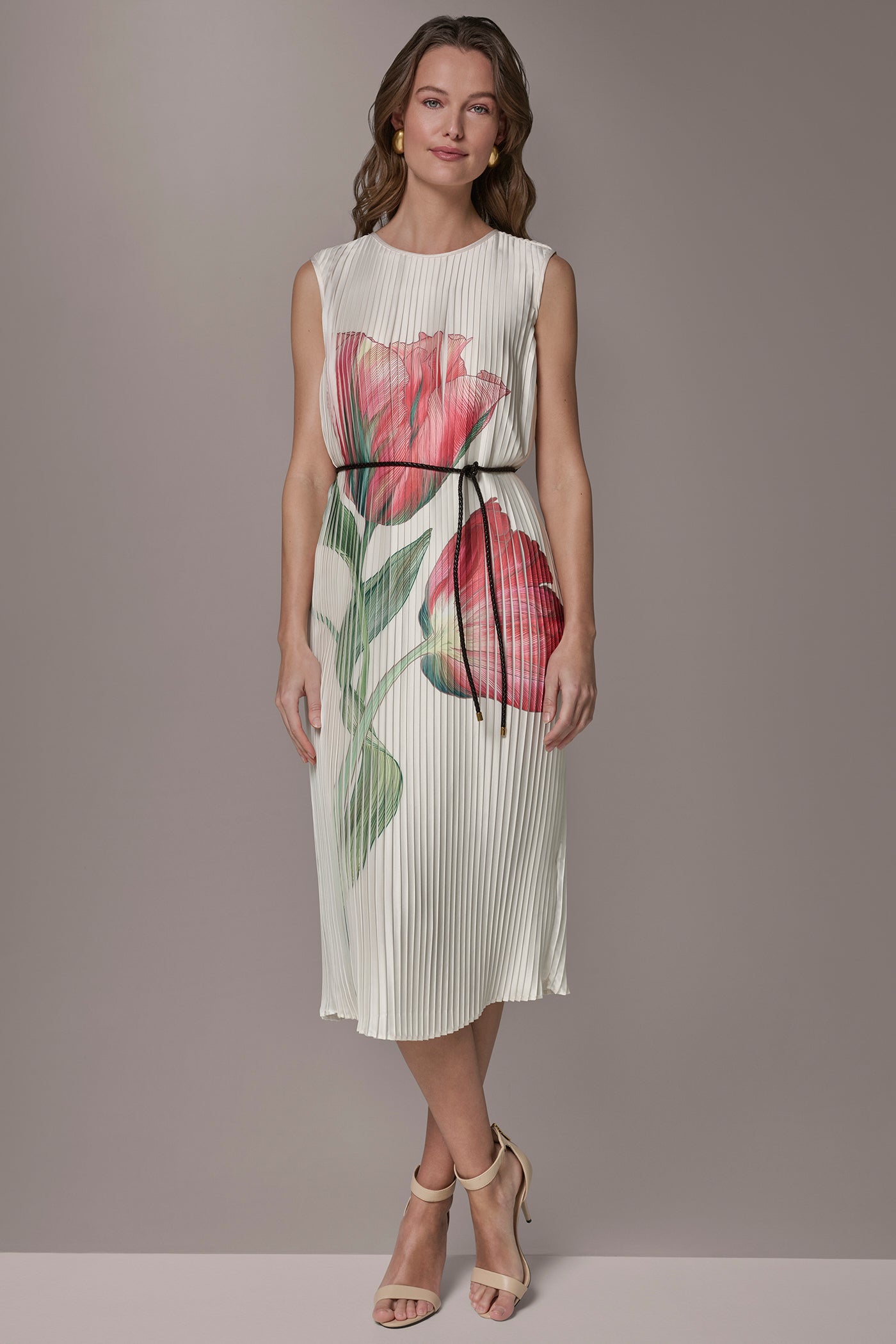 Geranium Multi FLORAL PLEATED MIDI A-LINE DRESS Donna Karan