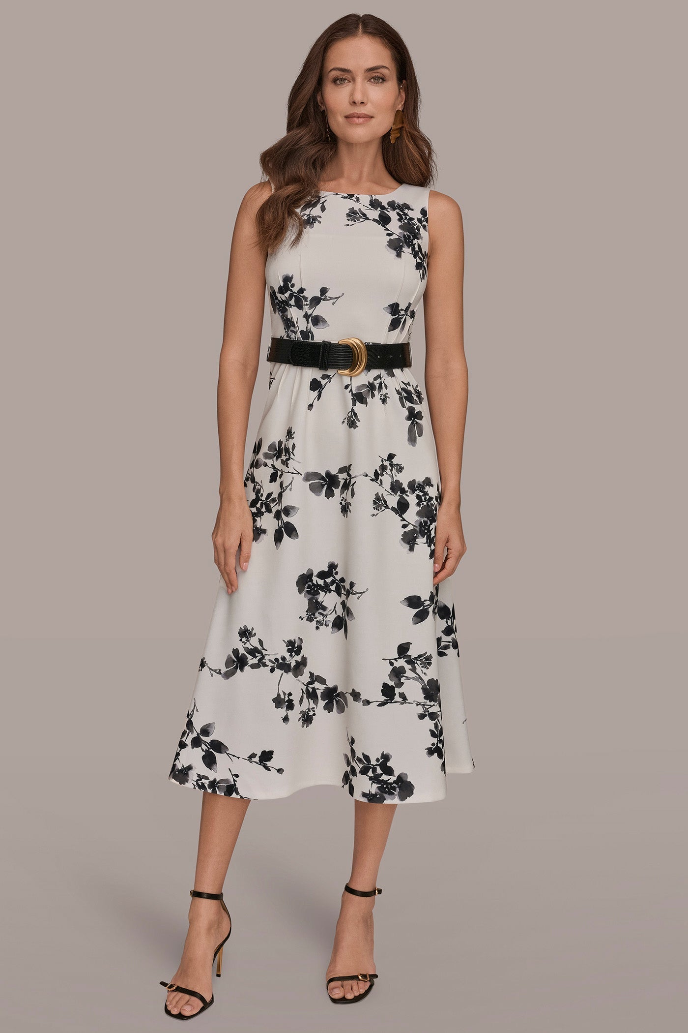 Cream/Black Multi SLEEVELESS FLORAL A-LINE DRESS Donna Karan
