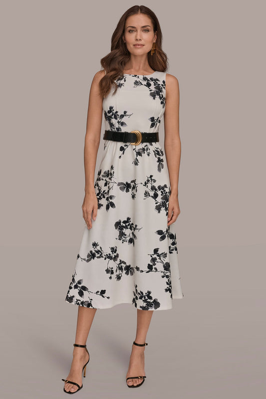 Cream/Black Multi SLEEVELESS FLORAL A-LINE DRESS Donna Karan