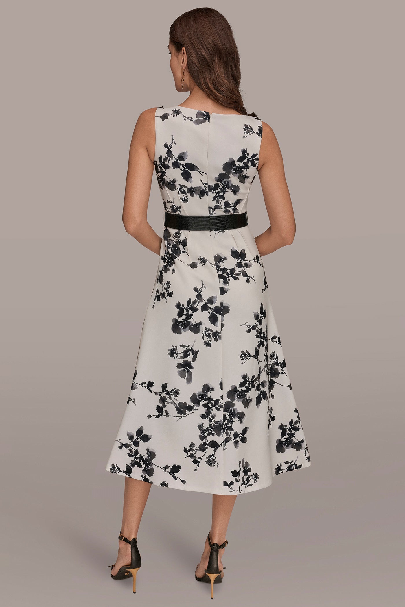 Cream/Black Multi SLEEVELESS FLORAL A-LINE DRESS Donna Karan