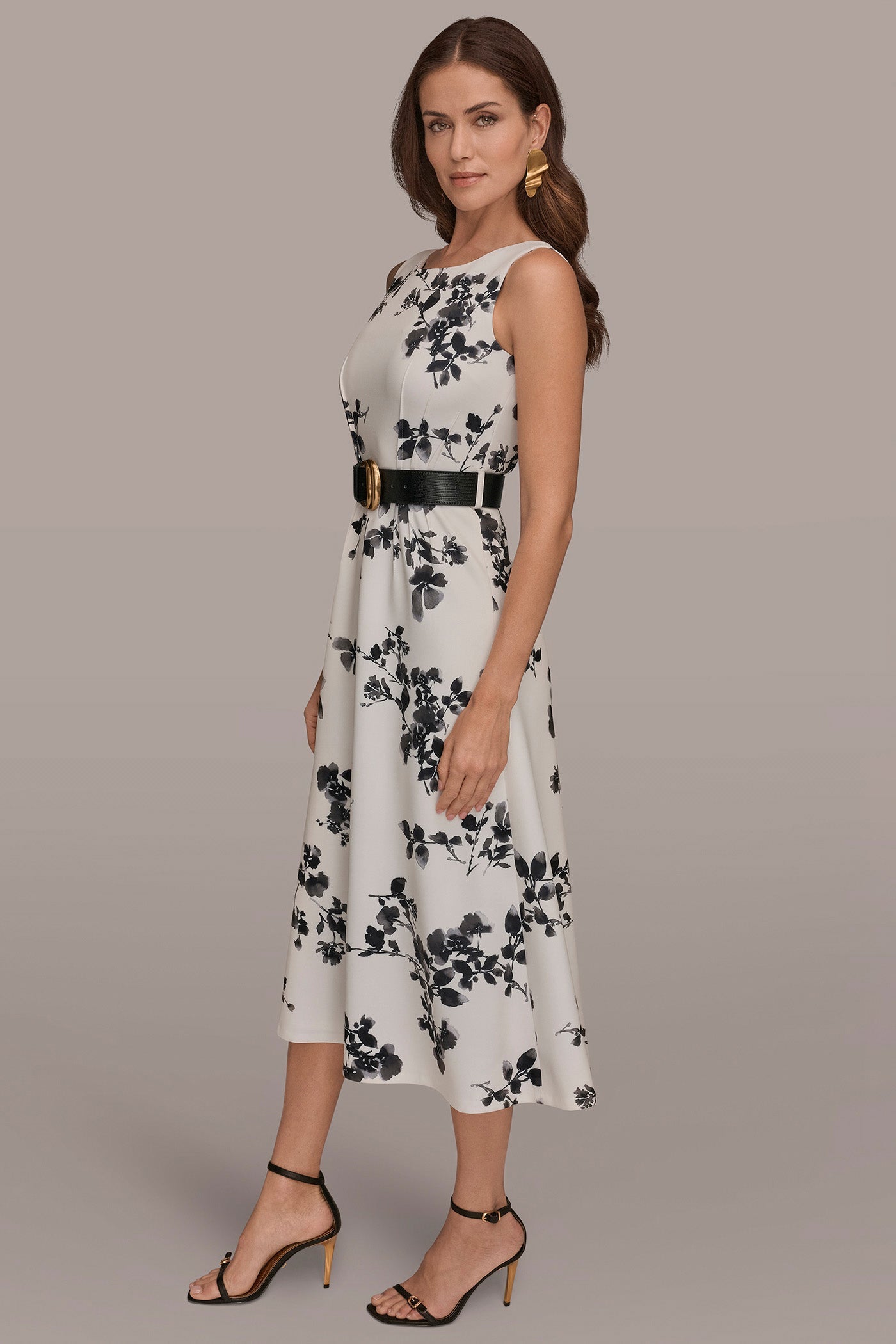 Cream/Black Multi SLEEVELESS FLORAL A-LINE DRESS Donna Karan