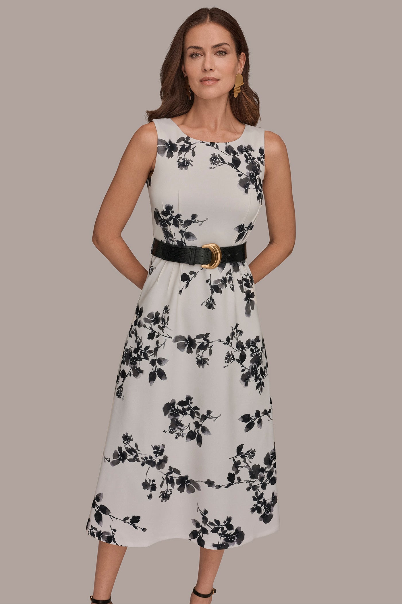 Cream/Black Multi SLEEVELESS FLORAL A-LINE DRESS Donna Karan