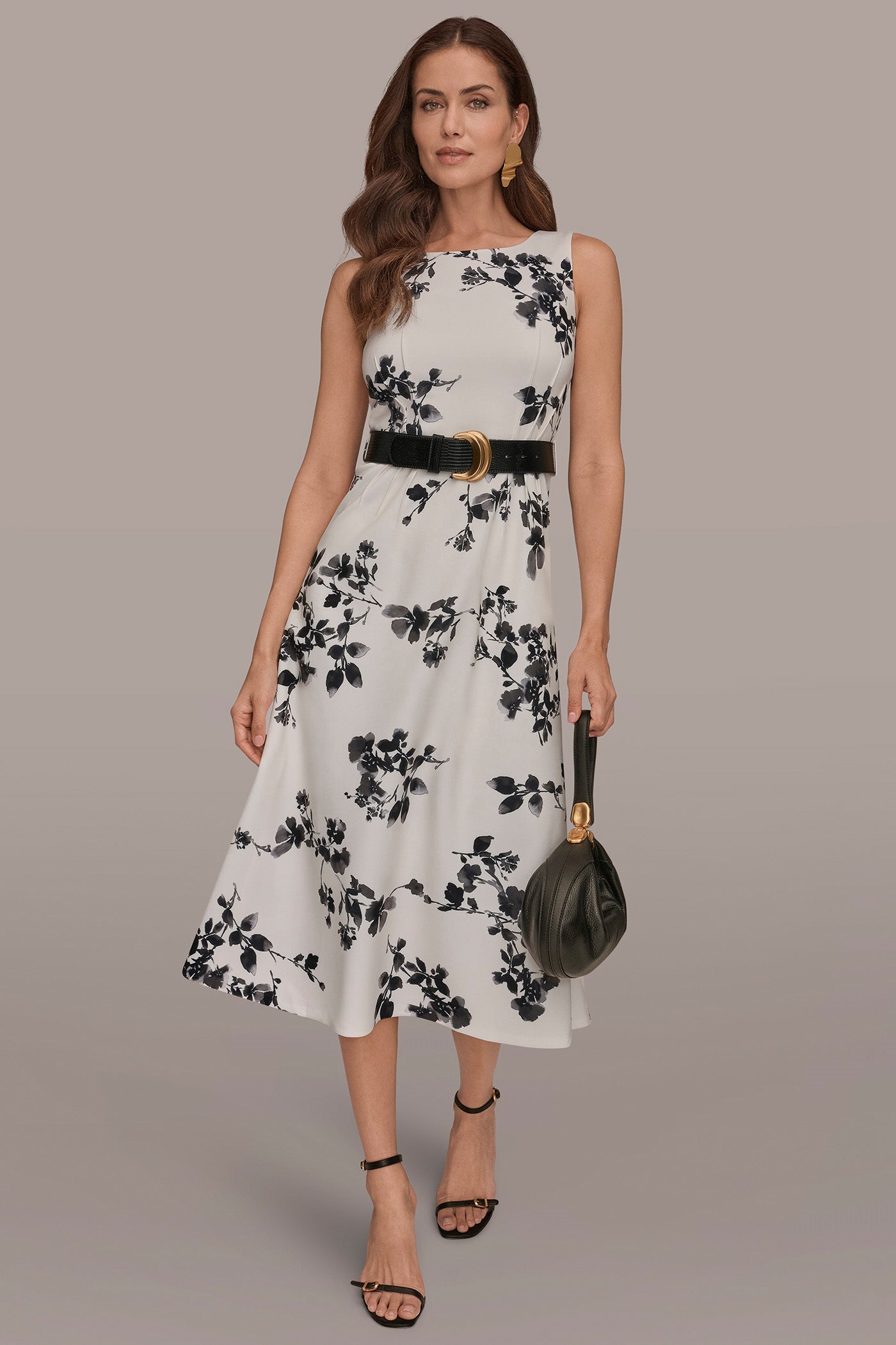 Cream/Black Multi SLEEVELESS FLORAL A-LINE DRESS Donna Karan