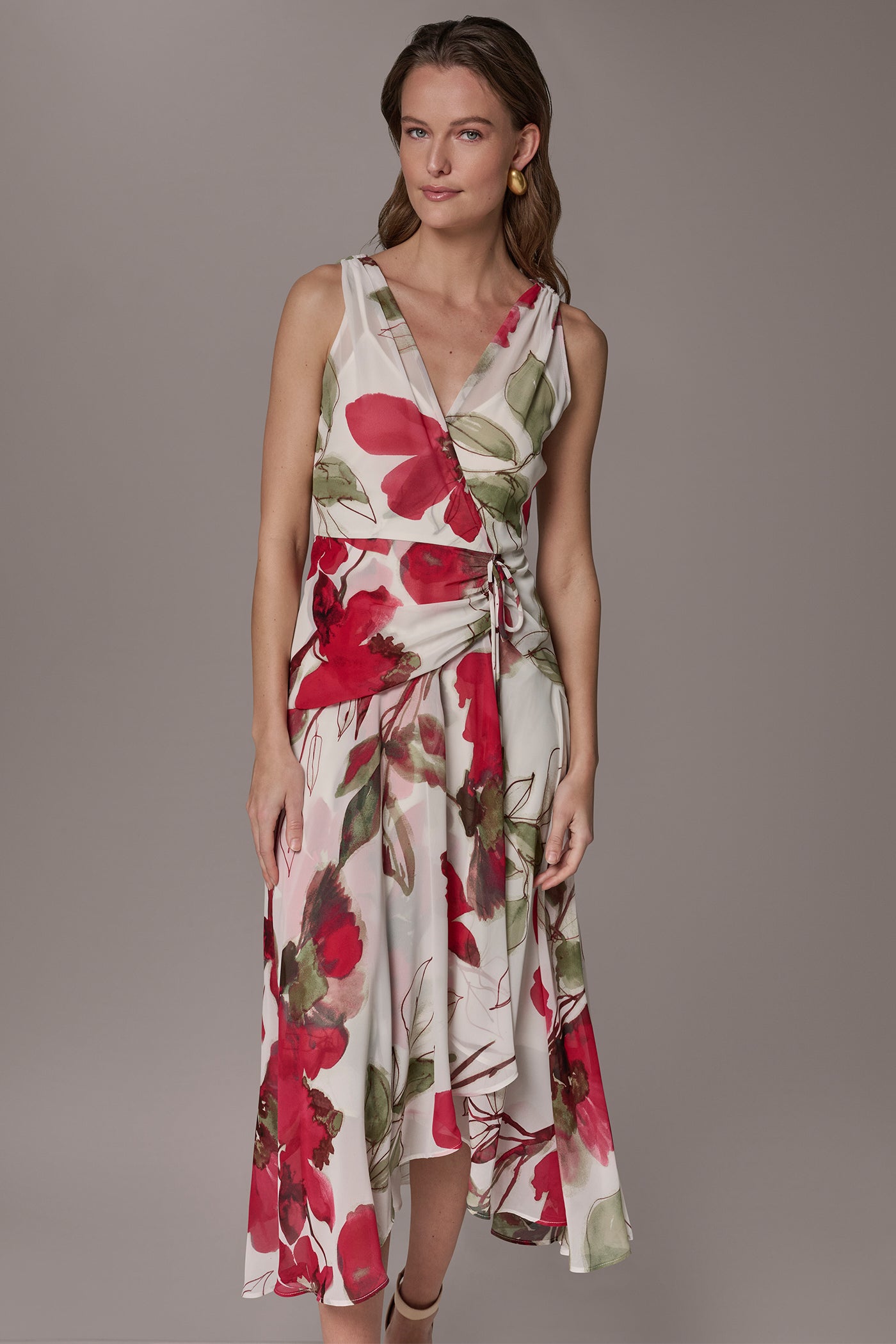 Azalea Multi CHIFFON FLORAL WRAP MIDI A-LINE DRESS Donna Karan