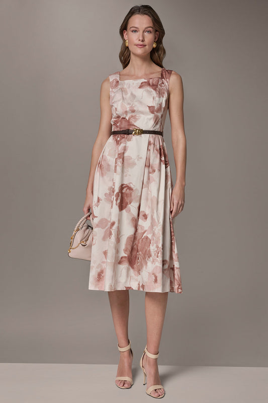 Snow Petal Multi COTTON-SATEEN FLORAL MIDI A-LINE DRESS Donna Karan