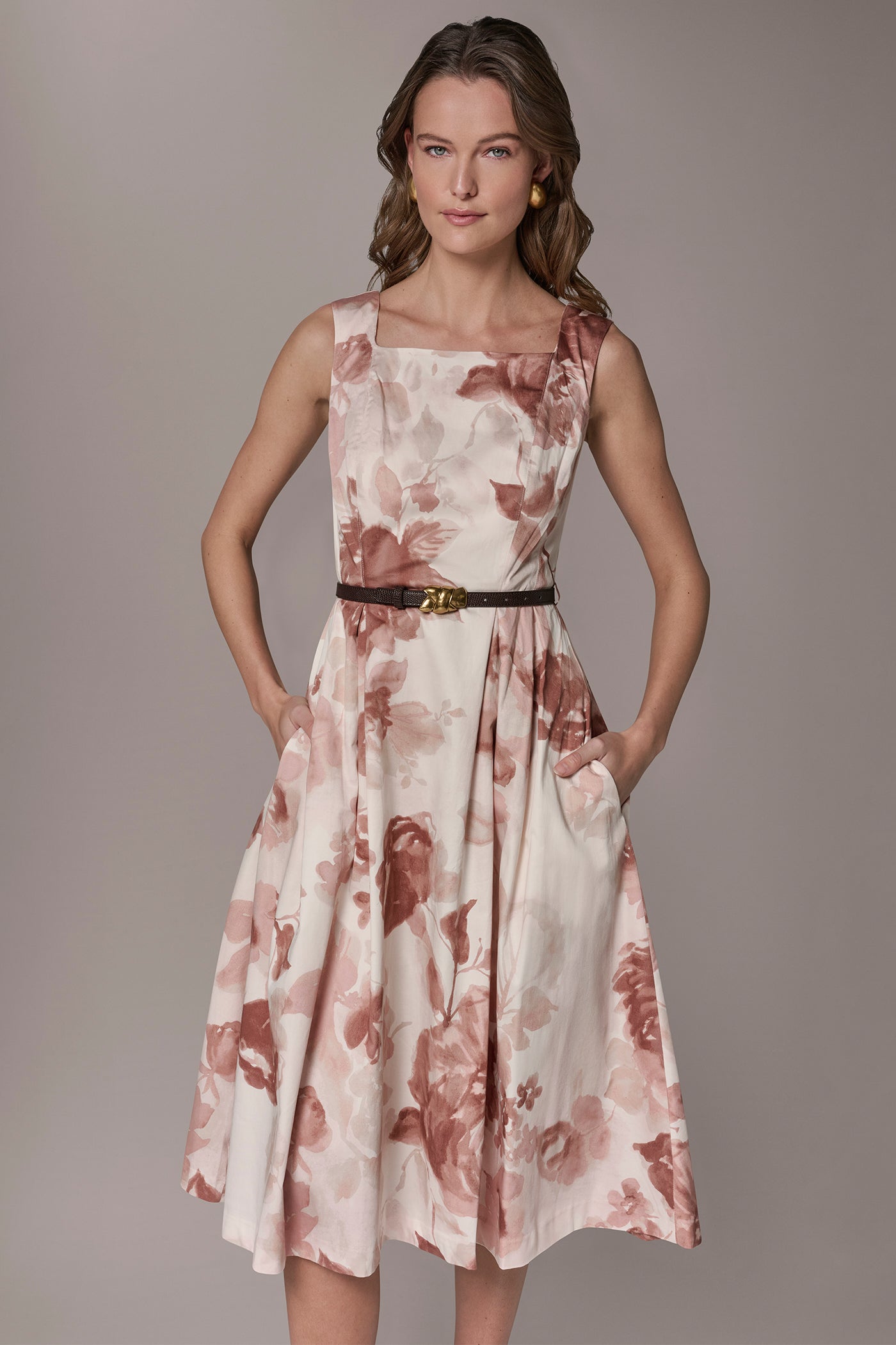 Snow Petal Multi COTTON-SATEEN FLORAL MIDI A-LINE DRESS Donna Karan