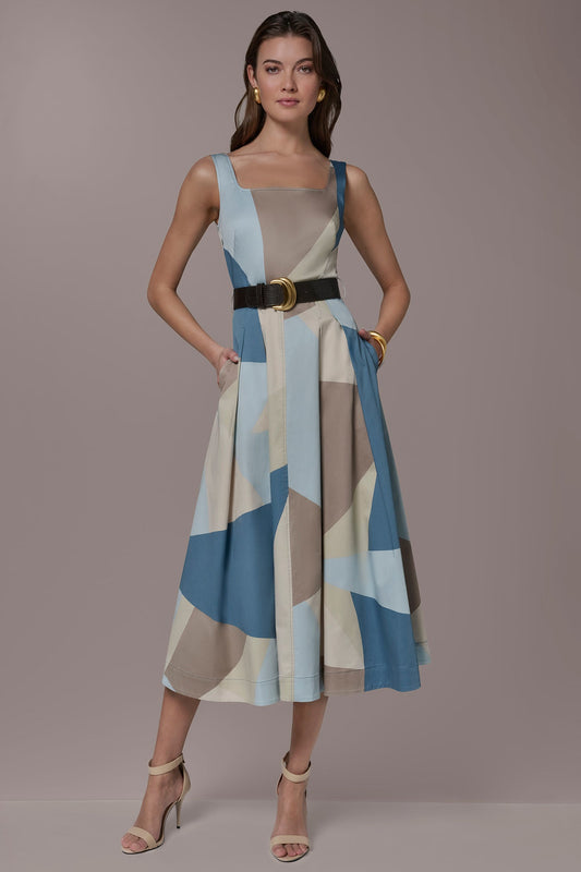 Washed Indigo/Sea Mist STRETCH-COTTON SLEEVELESS PRINTED MIDI DRESS Donna Karan
